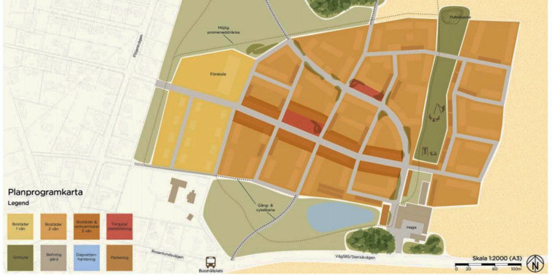 På skissen visas villor i gult, tvåvåningshus i orange och trevåningshus i brunt. Haga ska få en uttalad miljöprofil. Nu ska det undersökas hur miljöanpassat bostadsområdet kan göras. 