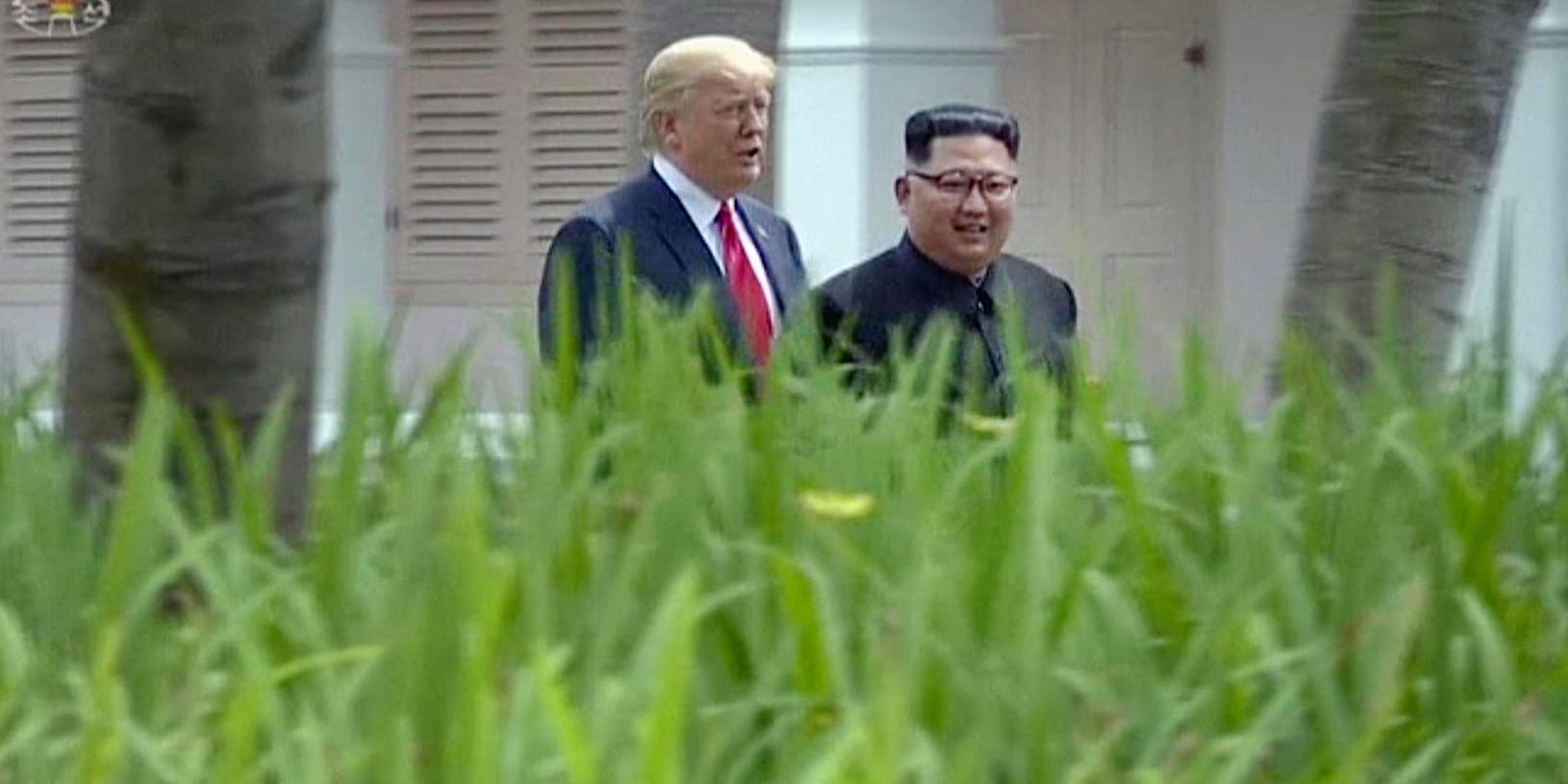 USA:s president Donald Trump och Nordkoreas ledare Kim Jong-Un vid mötet i Singapore i juni i år. Arkivbild.