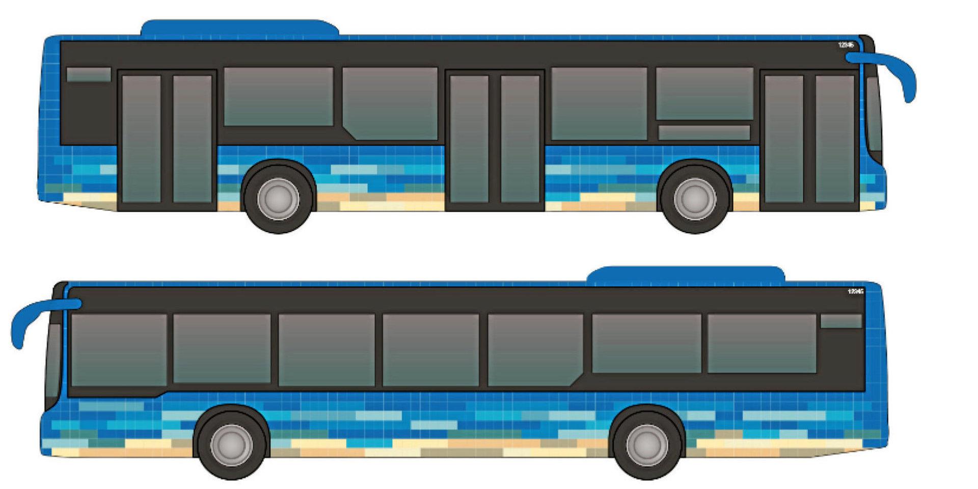 Så här är det tänkt att de nya bussarna ska se ut. Den himmelsblå färgen och dekoren med sandfärgade pixlar ska föra tankarna till den halländska kustlinjen.