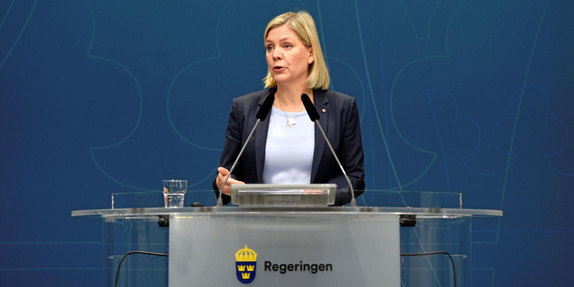 Finansminister Magdalena Andersson (S) under en pressträff om regeringens skärpning av systemet med samordningsnummer.