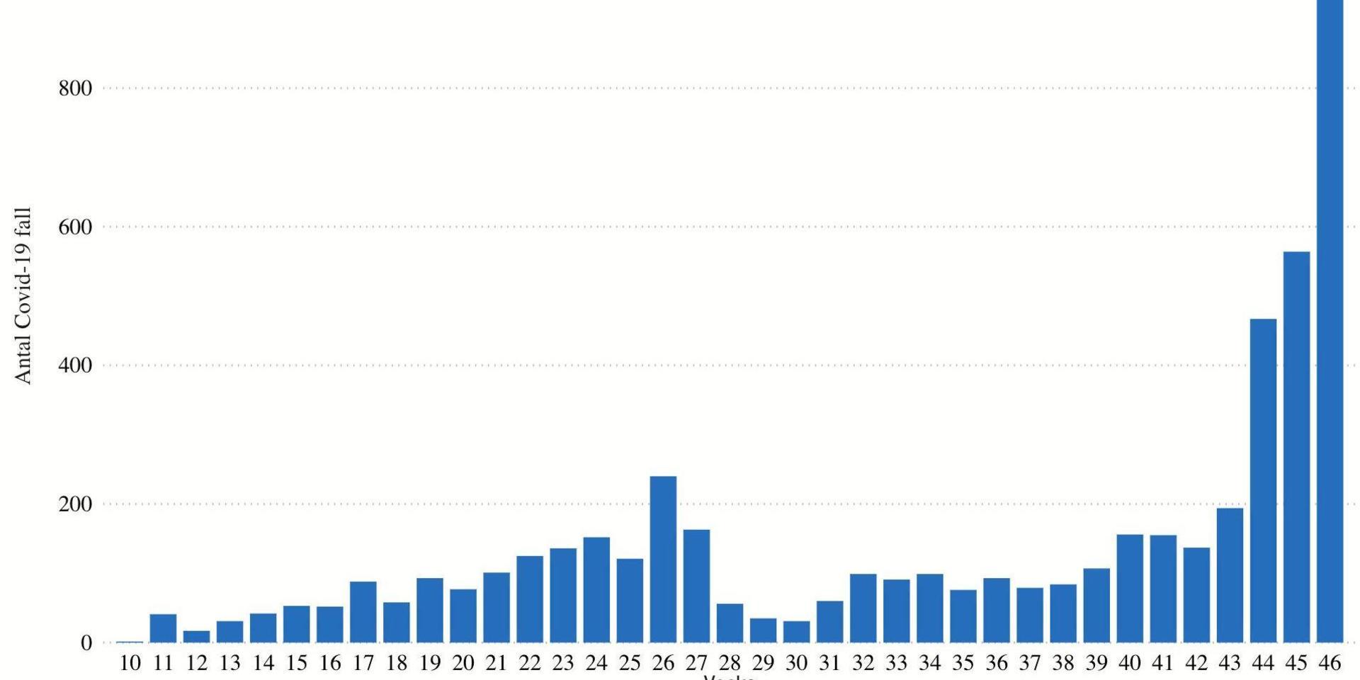 Diagrammet visar antalet fall av covid-19 i Halland sedan pandemins utbrott. I förra veckan (vecka 46) fick hela 987 hallänningar ett positivt provsvar.