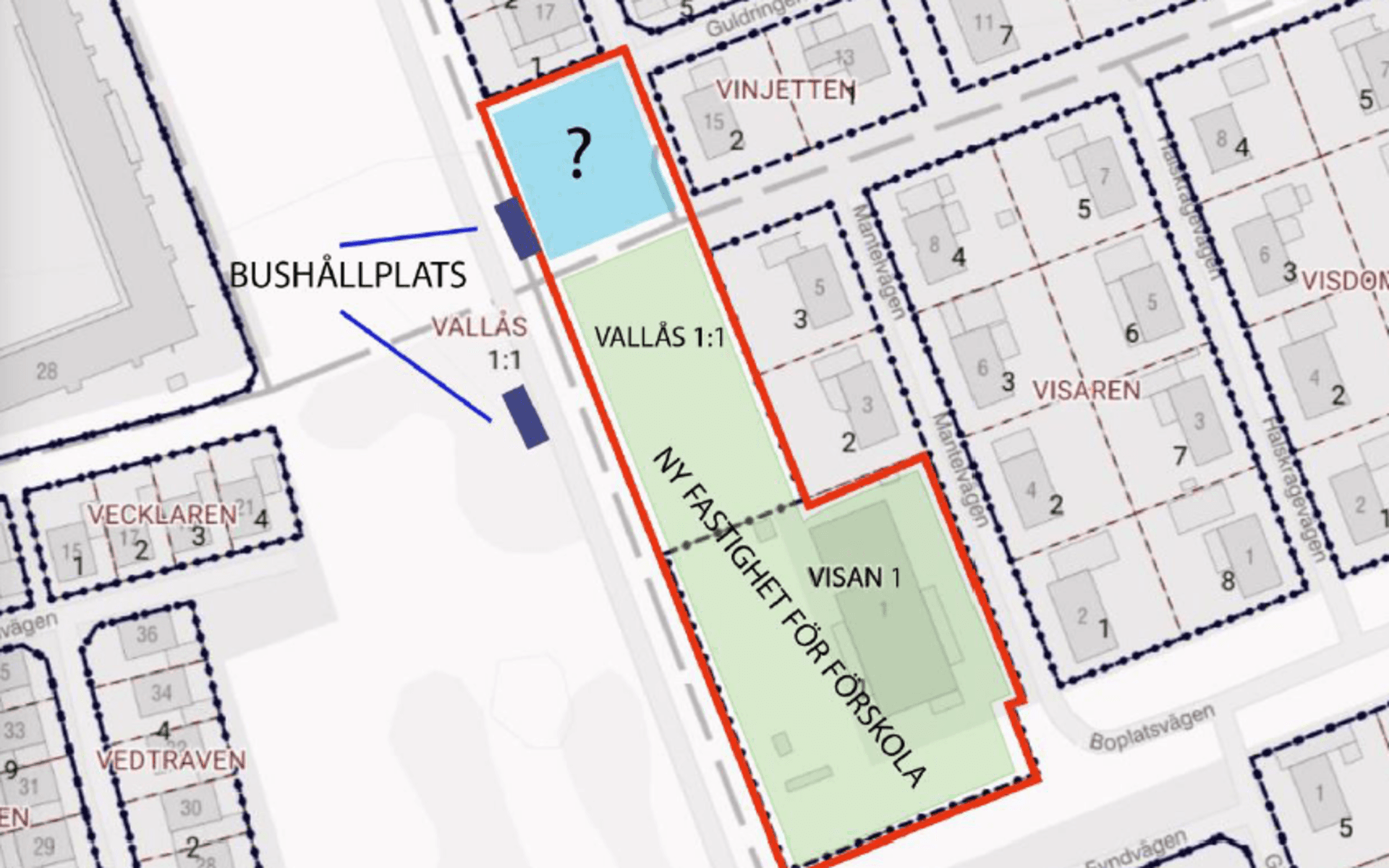 Den gröna ytan är tänkt som förskolemark, medan den blåa ytan ska utredas för bostadsändamål.