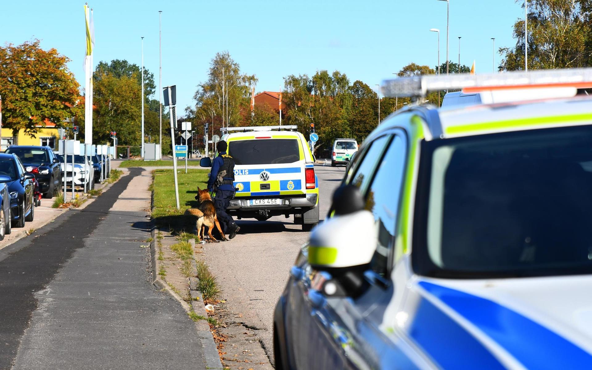 Polisen var på plats med hundar i sökandet efter den misstänkte rånaren.