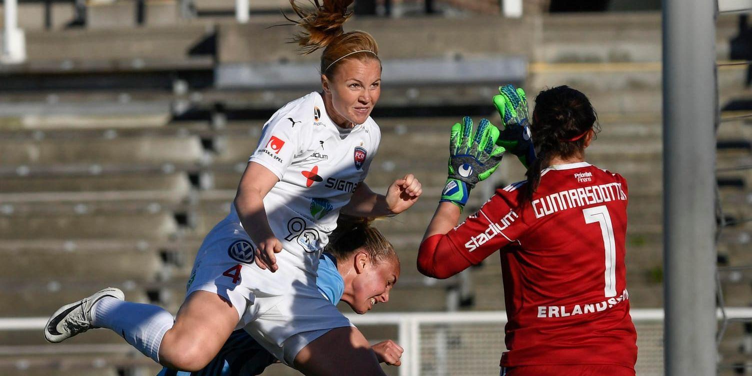 Rosengårds Glódís Perla Viggósdóttir nickar in 2–1-målet mot Djurgården i damallsvenskan i fotboll på Stockholms stadion.