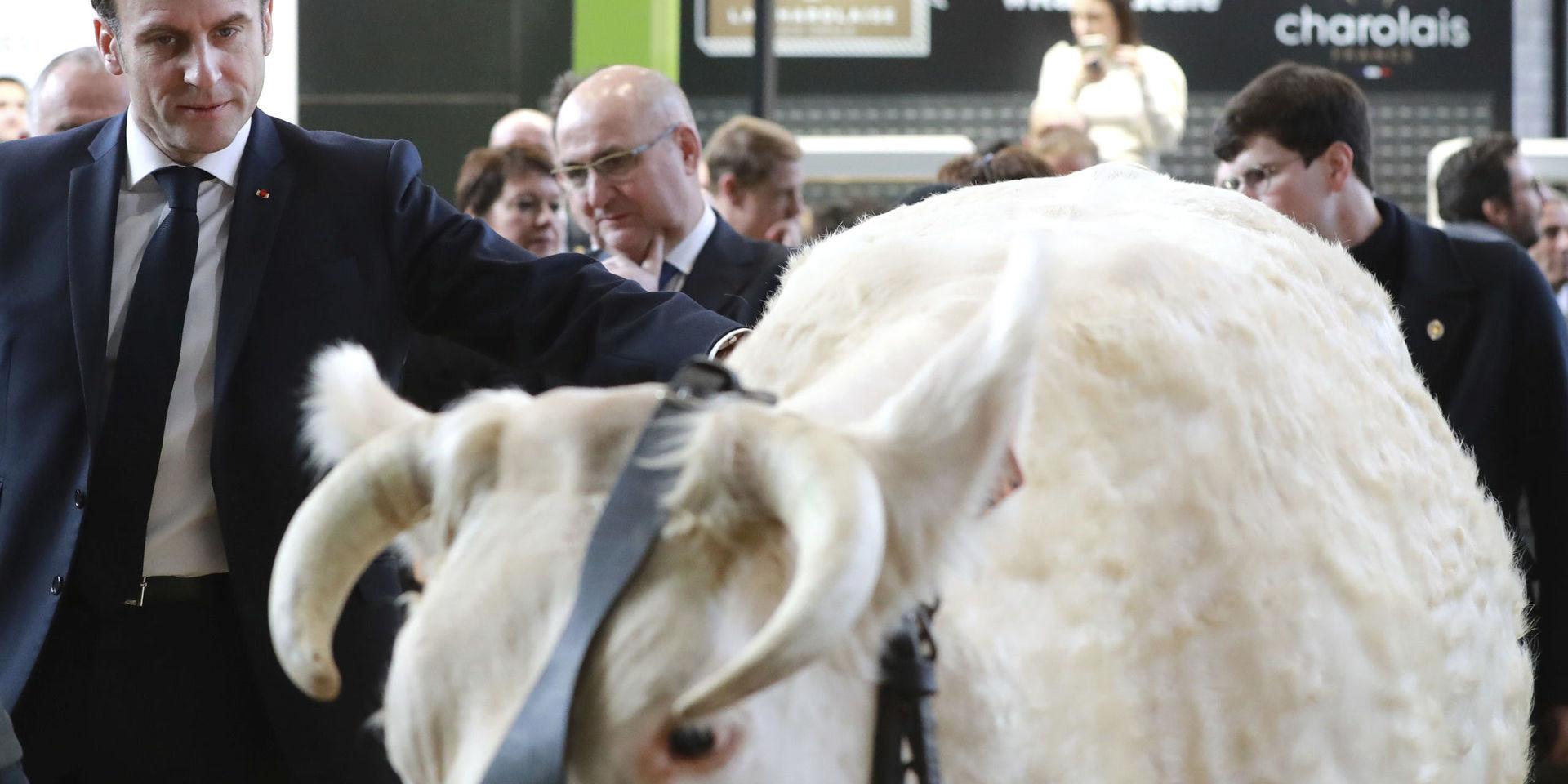 Frankrikes president Emmanuel Macron på plats på den årliga jordbruksmässan i Paris på lördagen.
