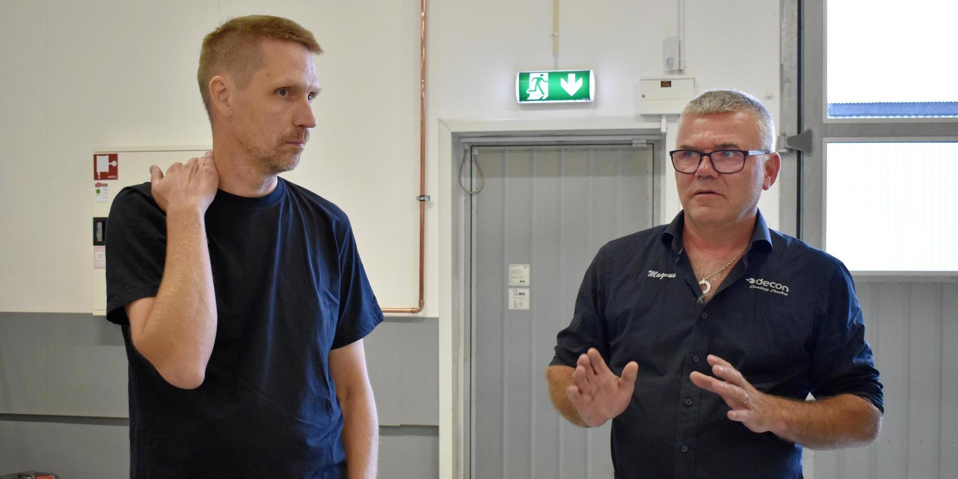 Platschefen Benny Andersson och vd Magnus Jacobsson berättade om företaget Decon Wheel för Hallands nya landshövding Brittis Benzler under hennes första officiella besök i Hylte kommun.