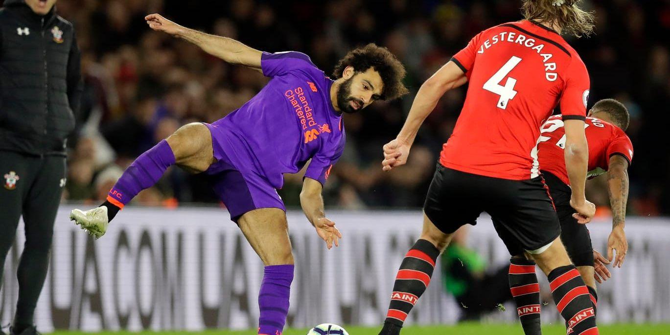 Mohamed Salah (i lila) satte 2–1-målet i Liverpools seger mot Southampton.