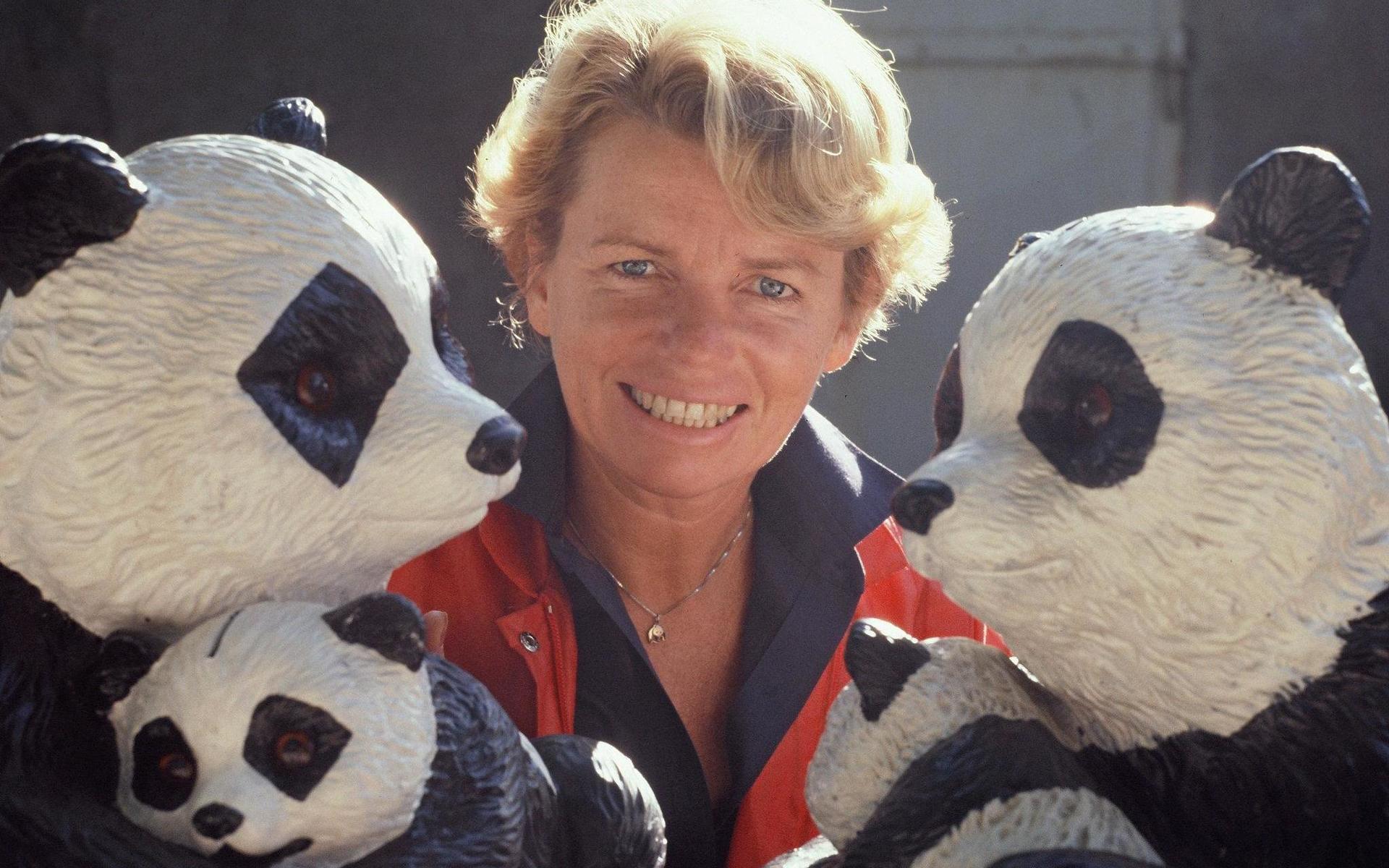 Sven Gillsäters fru, Harriet Forssell, med pandasparbössorna som paret alltid hade med sig på föreläsningsturnéerna.
