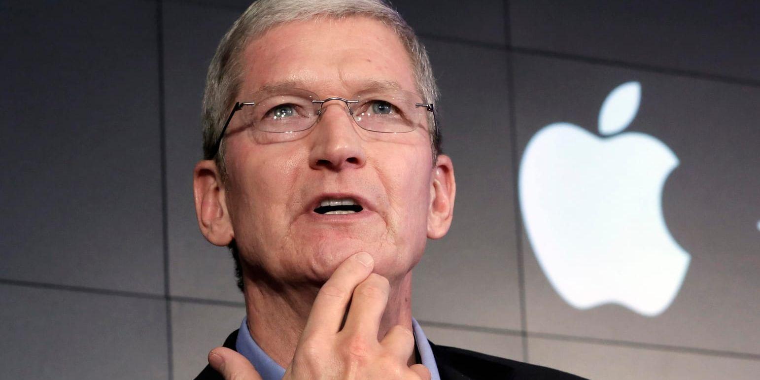 Apples vd Tim Cook under en presskonferens i New York 2015. Arkivbild.