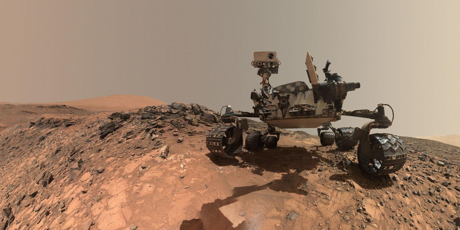 Sedan augusti 2012 undersöker rymdfarkosten Curiosity Mars yta, som kan liknas vid en kall stenöken. På denna bild syns Curiosity på en 'selfie' tagen fem veckor efter att den hade landat i en krater på Mars. Arkivbild.