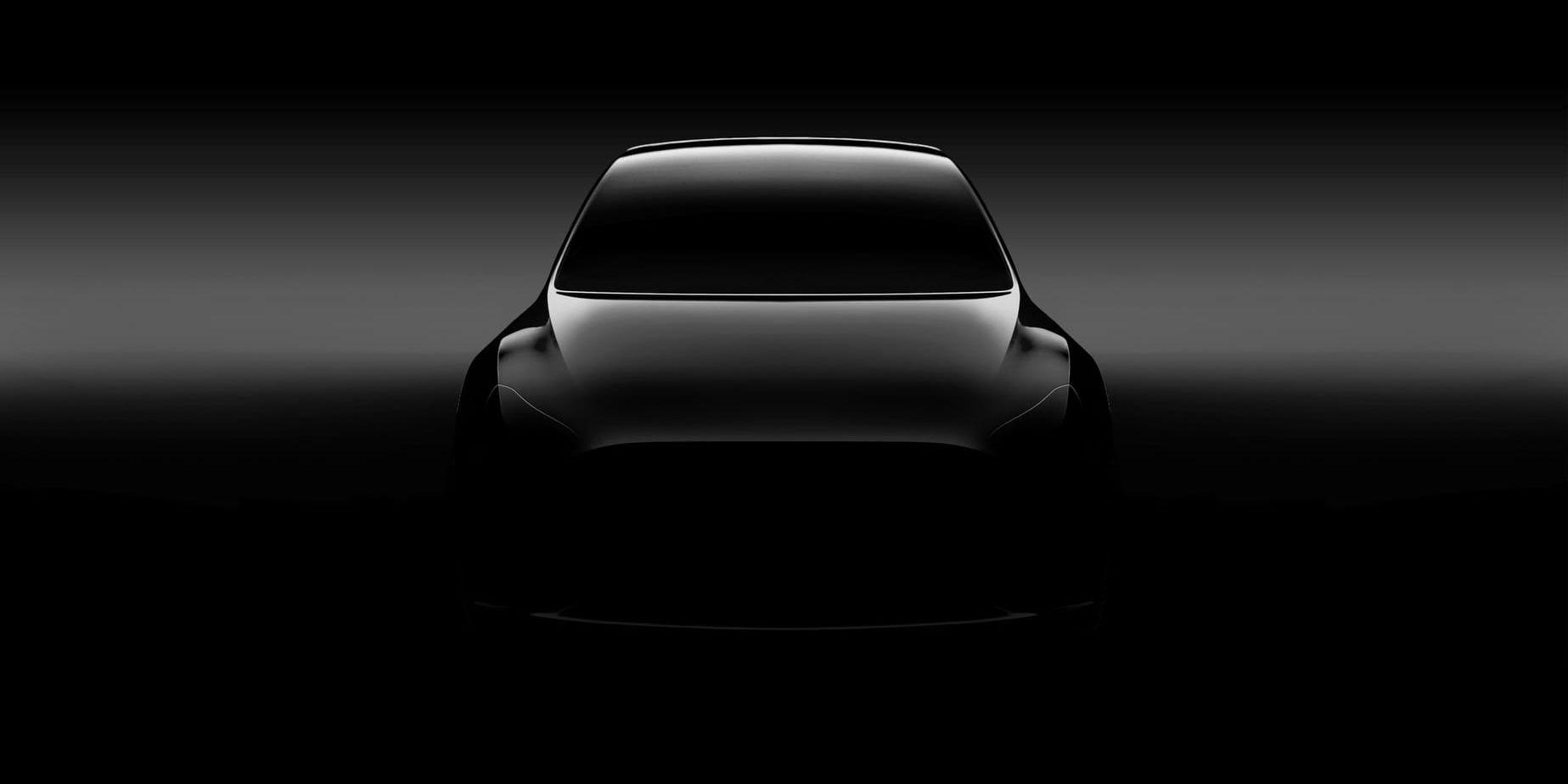 En "teaser" på nya Model Y från Tesla som vd:n Elon Musk ska presentera i Kalifornien i kväll.