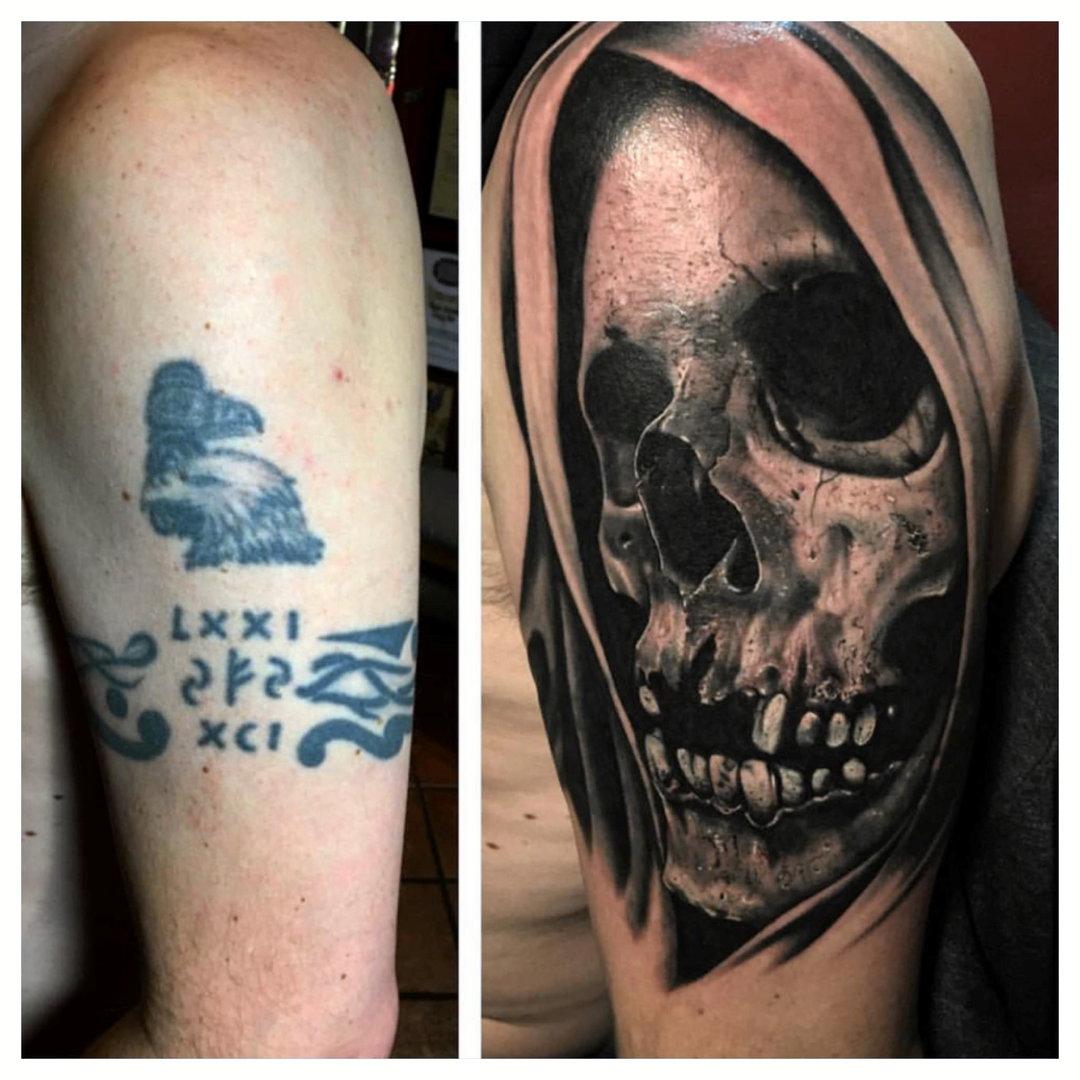 Här har Räven förvandlat en gammal tatuering till en ny, före- och efterbild.