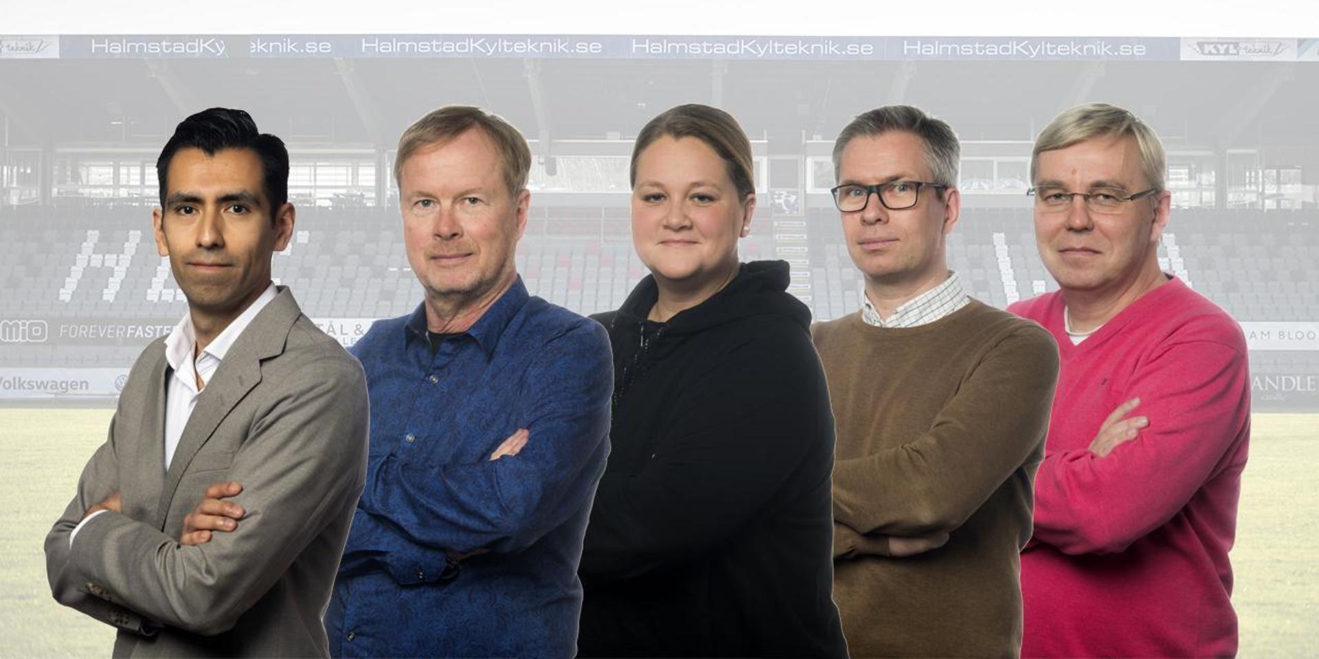 HP-sportens medarbetare har tippat Allsvenskan 2021 (från vänster: Fredrik Jonsson, sportchef, Jan-Owe Wikström, Linda Weinstock, Carl Fredrik Johansson och Anders Tornell).