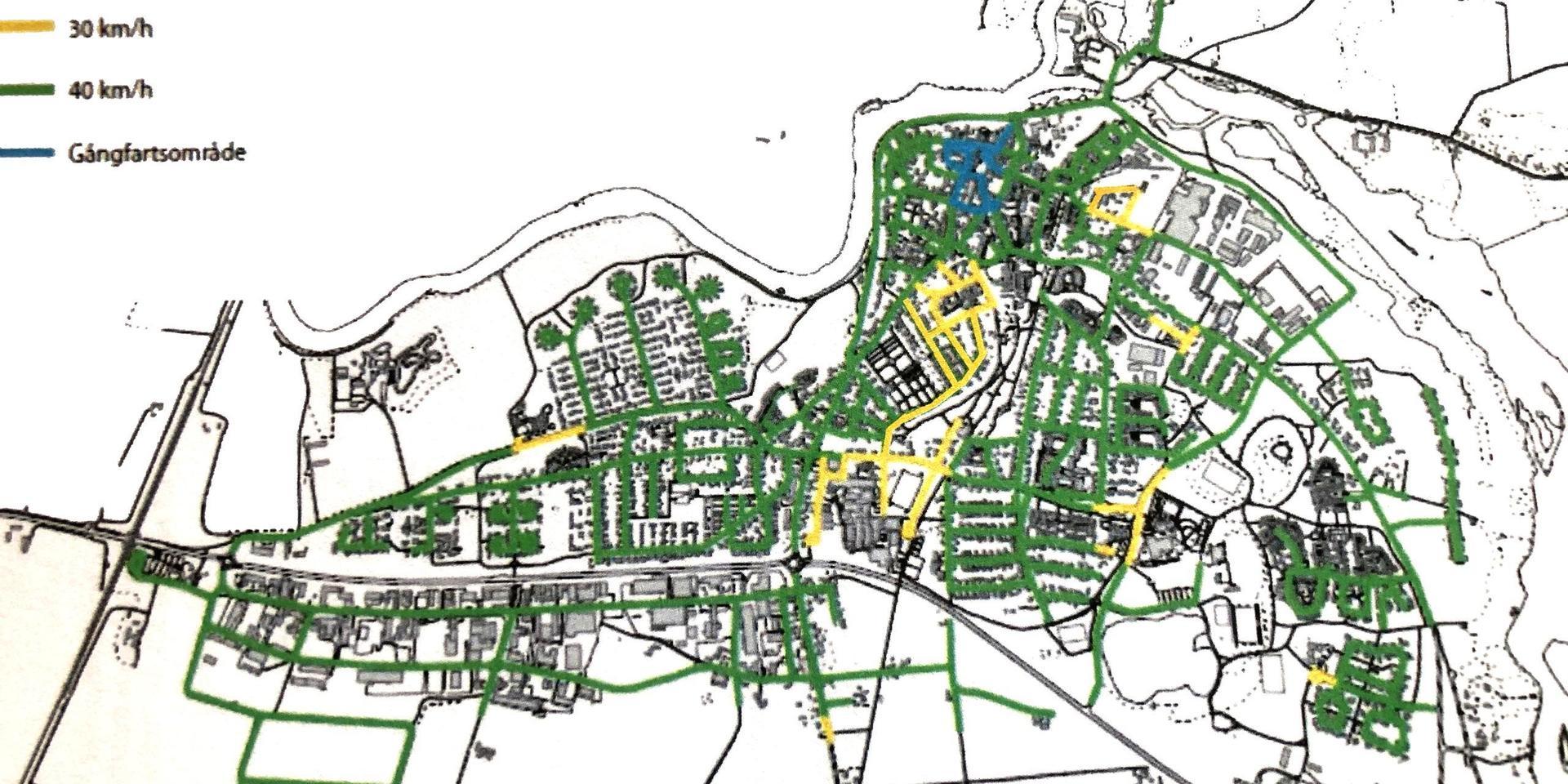 Högsta tillåtna hastighet i Laholms stad blir på de grönmarkerade gatorna 40 och på de gula 30 kilometer i timmen. De blå är gångfartsområdet i stadskärnan.