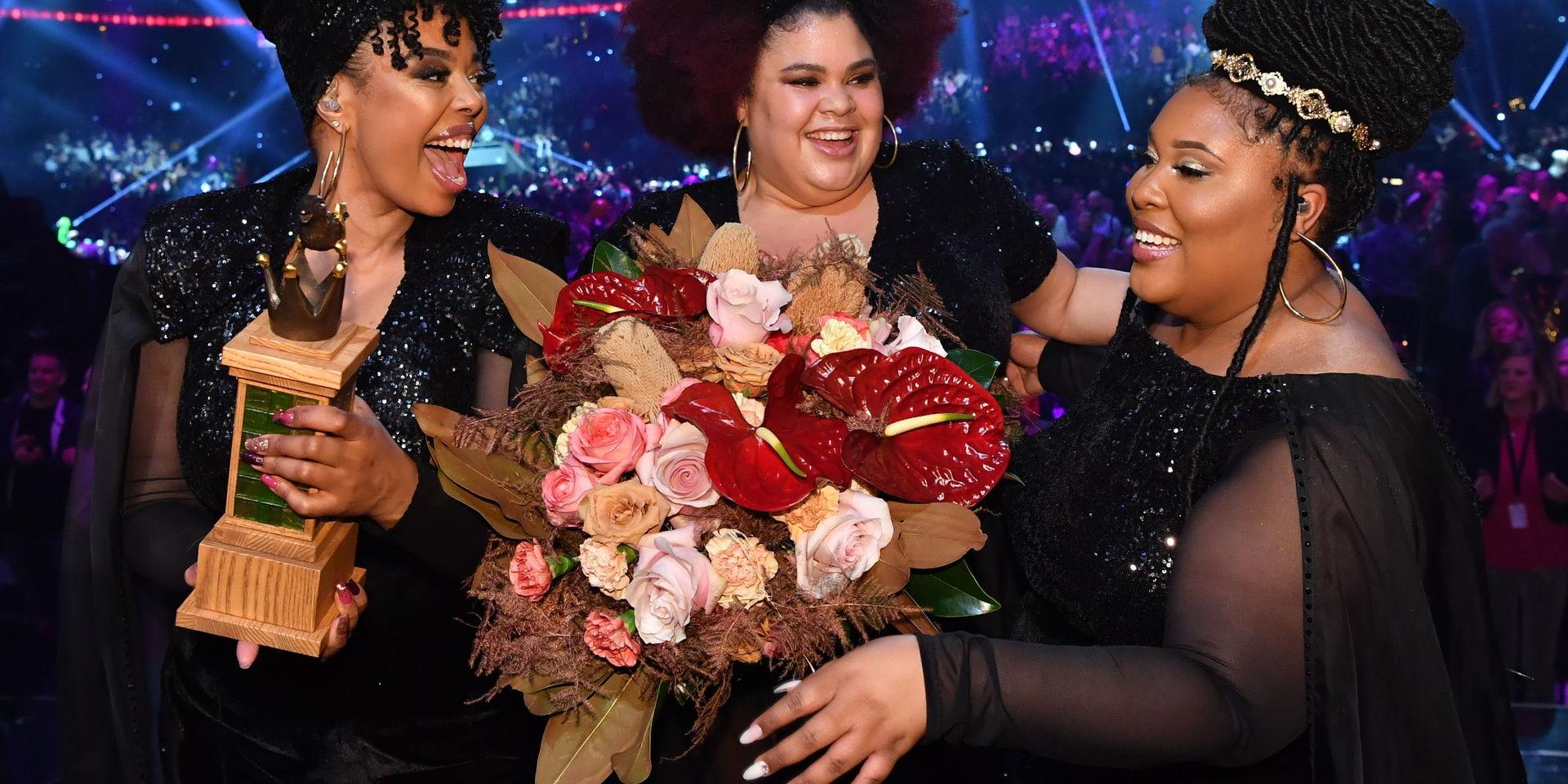 Dina Yonas, Manna Loulou Lamotte och Ashley Haynes i The Mamas vann Melodifestivalen 2020. Arkivbild. 