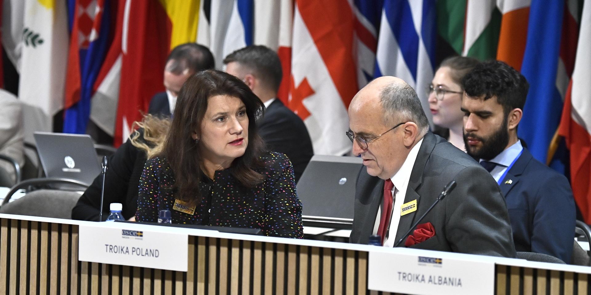 Utrikesminister Ann Linde (S) med Polens utrikesminister Rau Zbigniew under det säkerhetspolitiska OSSE-mötet i början av december.