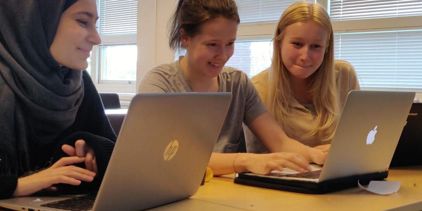 Totalt lockades 38 gymnasietjejer från många olika delar av landet till programmeringslägret.. Från vänster Bushra Alawad, 18 år, Agnes Ekman, 18, och Tuva Broström, 19 år.