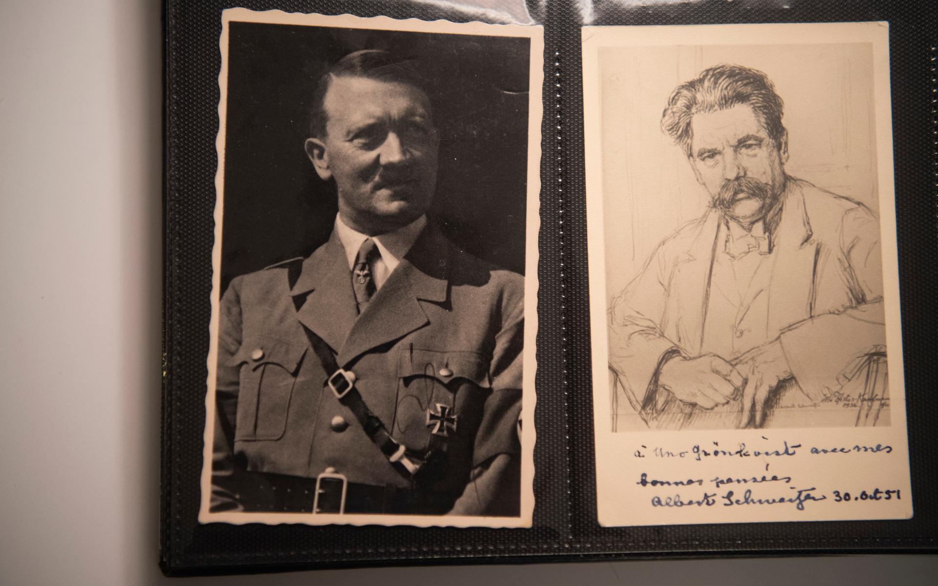 Adolf Hitler delar uppslag med den store humanisten och teologen Albert Schweitzer. ”En konstrast som heter duga”, säger Uno, om även köpt många av autograferna i sin samling.