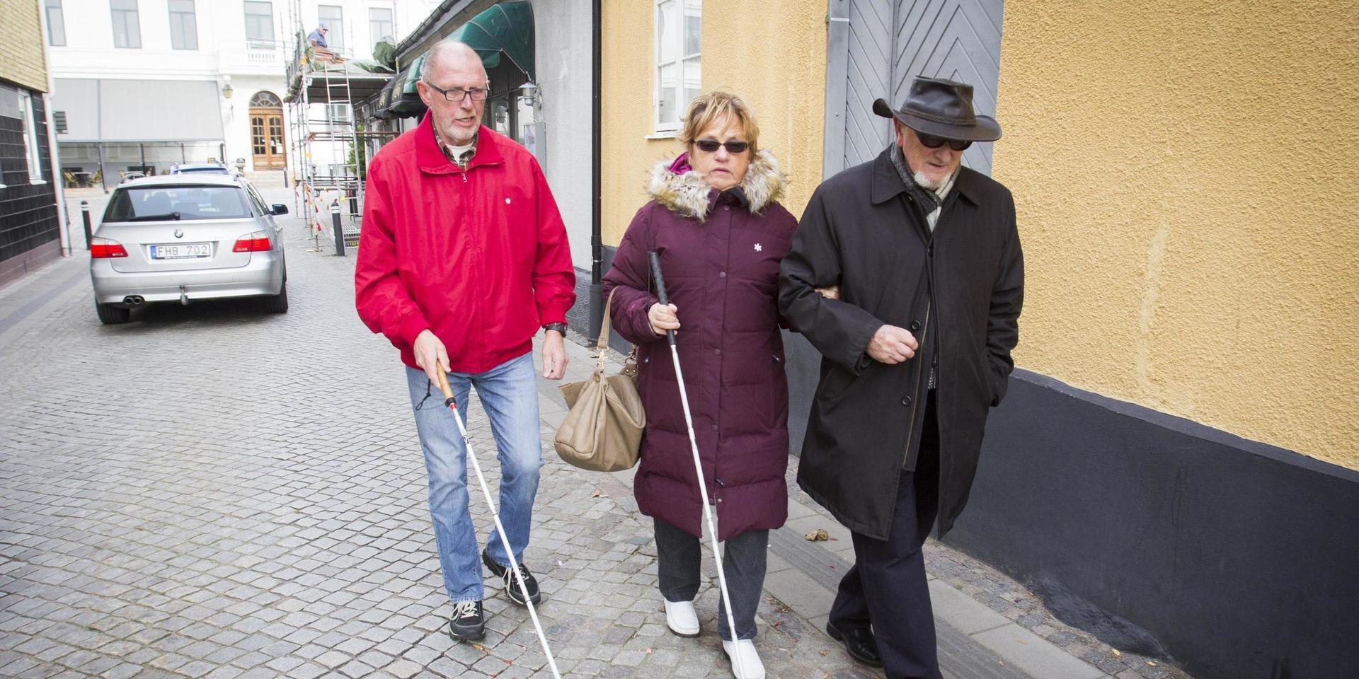 Vita käppens dag i Laholm. På bilden uppmärksammar Kane Bengtsson, tillsammans med Lars-Göran Petersson och Margareta Svensson, hinder för synskadade i Laholms centrum.