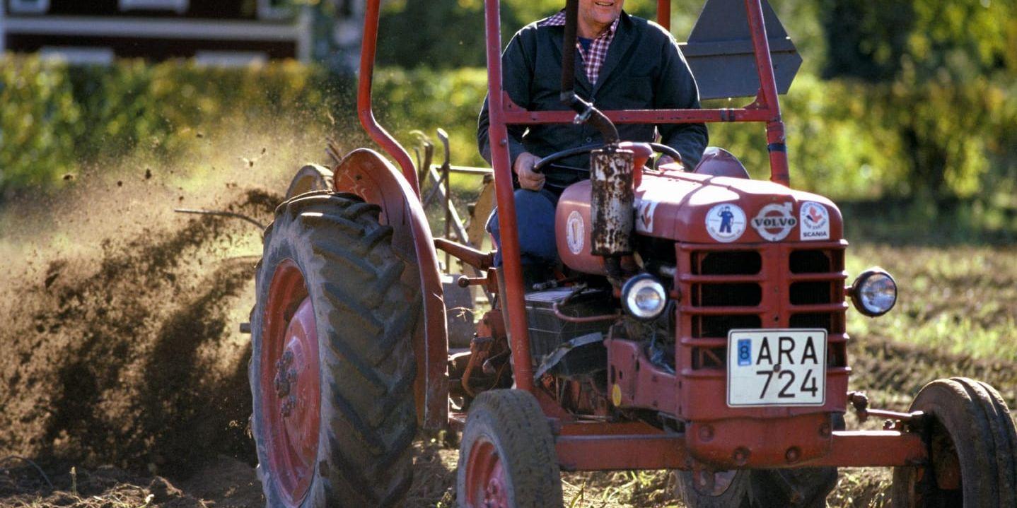 1985. Thorbjörn Fälldin kör traktor på lantbruket hemma i Ramvik norr om Härnösand, dagen efter krismötet i Stockholm med Centerpartiets styrelse.