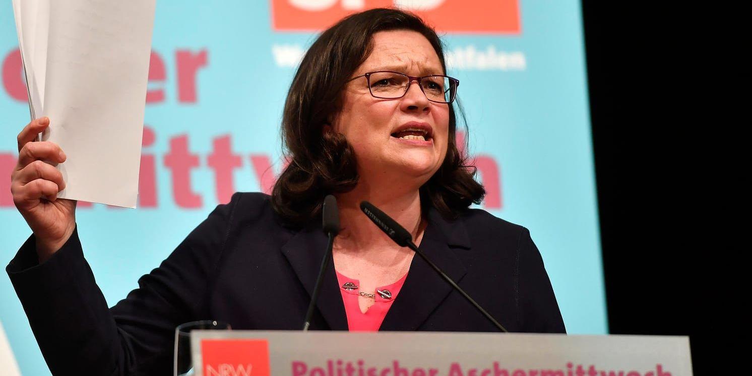 Socialdemokratiska SPD har lanserat en välfärdsplan, vilket kan gynna opinionssiffrorna och partiledaren Andrea Nahles. Arkivbild