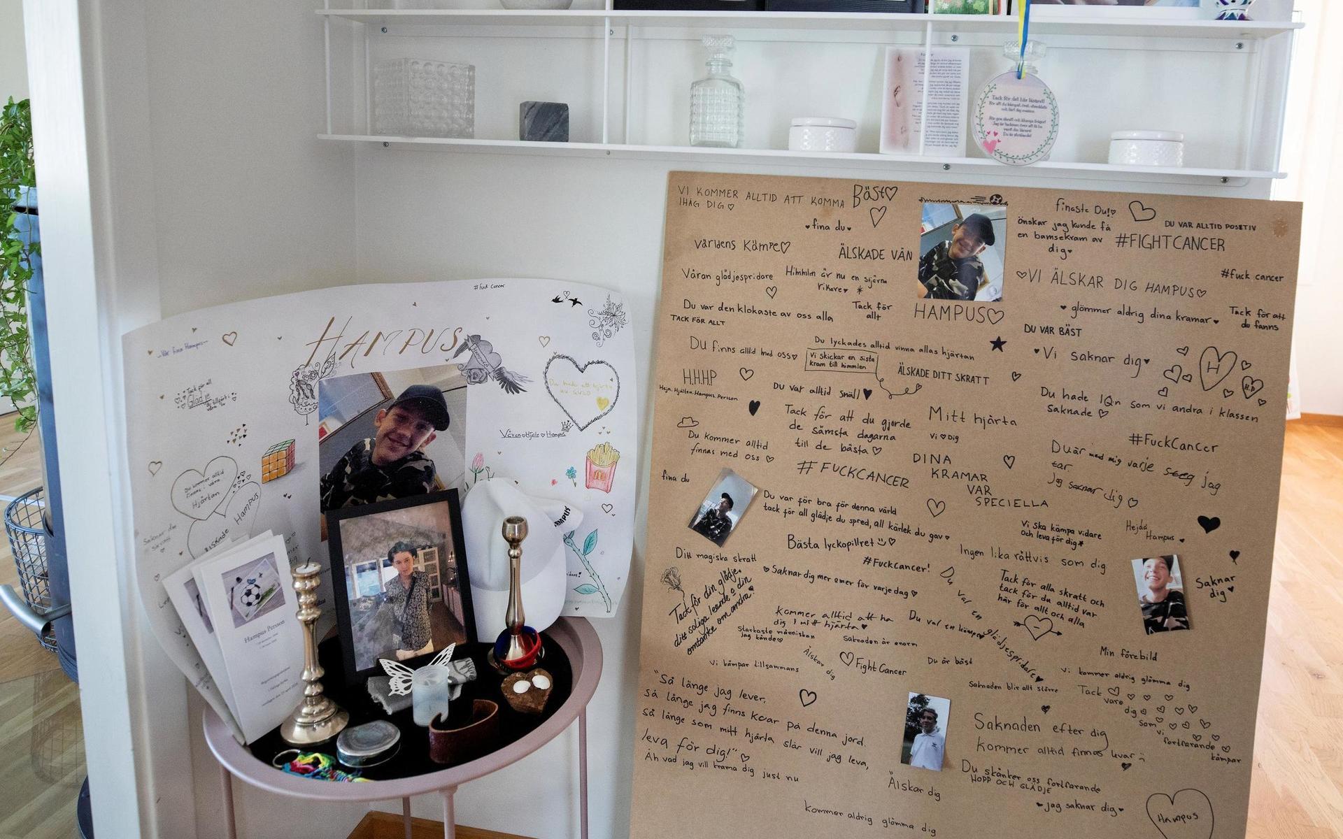 Hampus klasskompisar och elever på Lindbergs skola har skrivit hälsningar till honom som i dag sitter på väggen hemma hos Matilda Nilsson. 