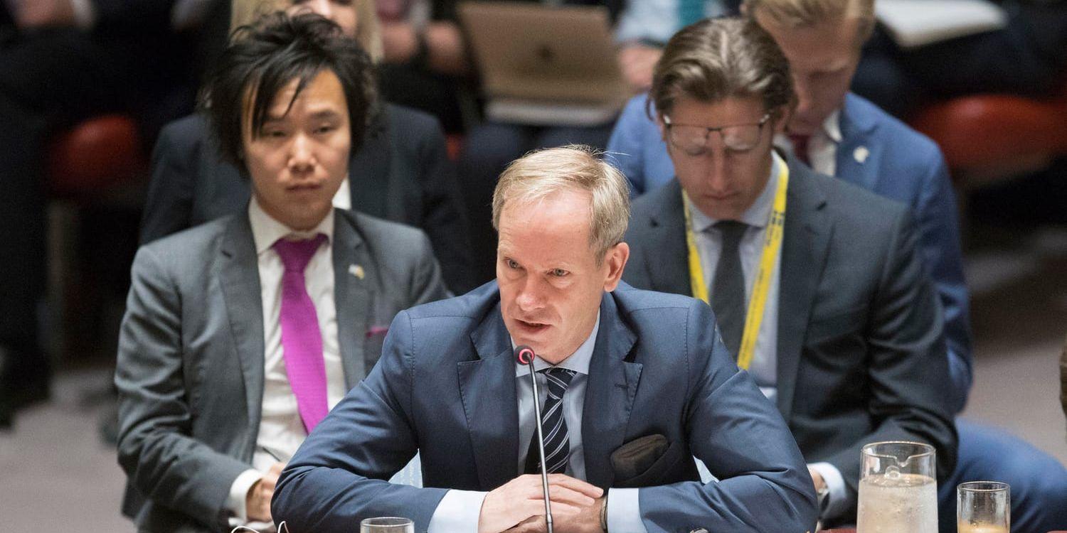 Sveriges FN-ambassadör Olof Skoog talar vid ett extrainsatt möte om Syrien i säkerhetsrådet i helgen.
