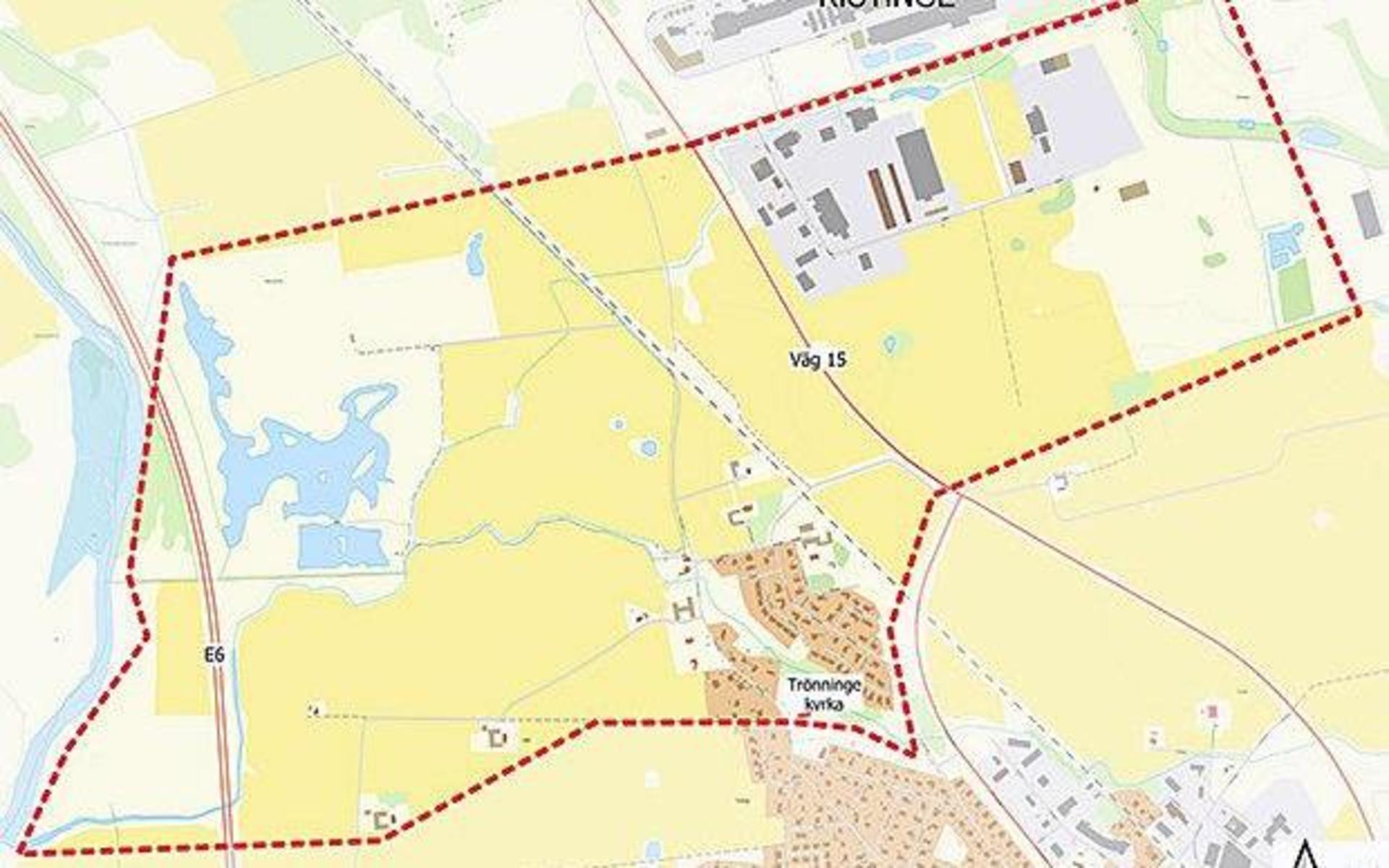 Karta över det markerade området i Trönninge som omfattas av restriktionerna.
