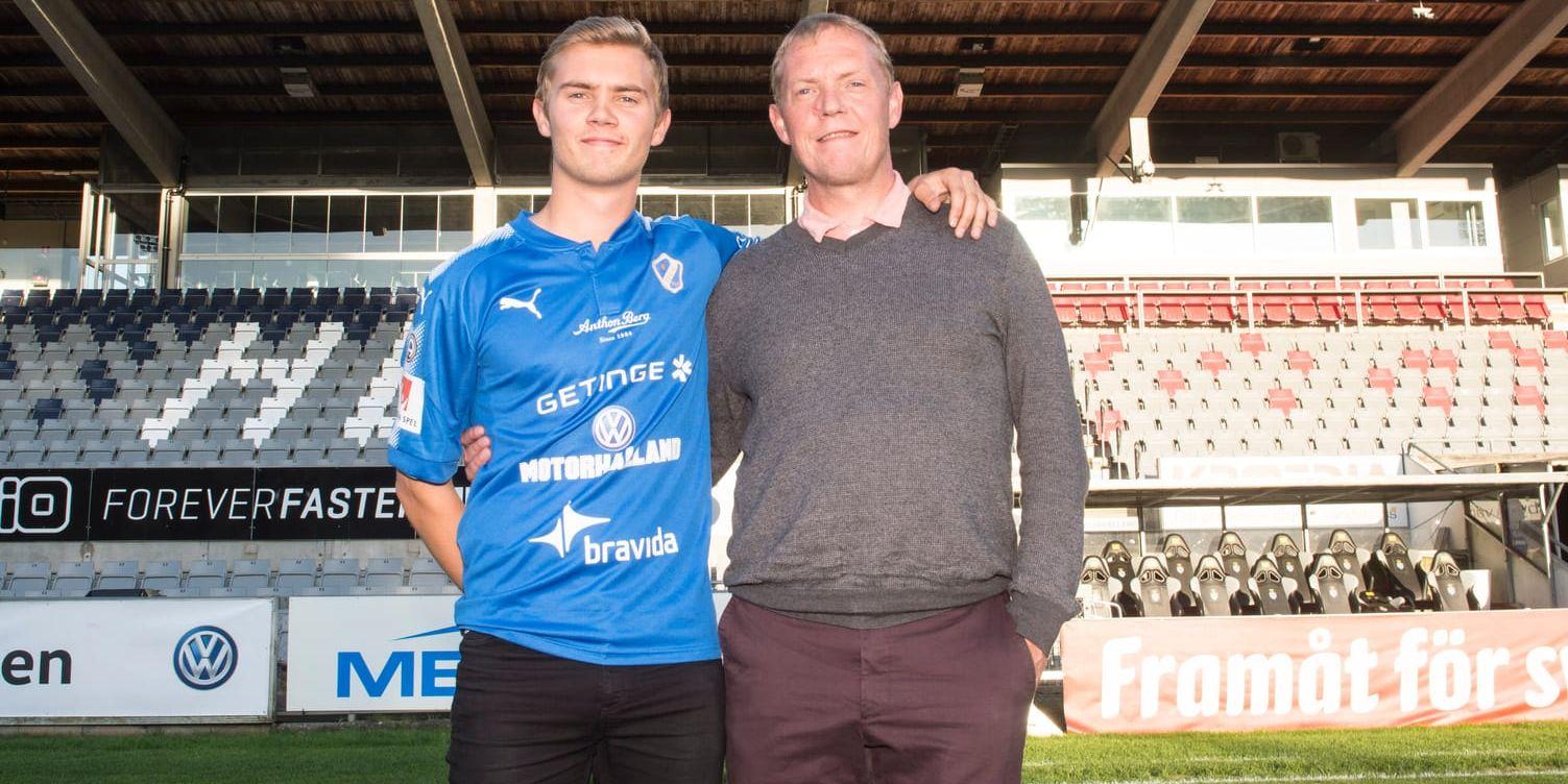Far och son. Pappa Haraldur ”Hatti” Ingulfsson (till höger) har spelat på Örjans vall, men då i Elfsborgströjan. Nu är det sonen Tryggvi Hrafn Haraldsson som får chansen i HBK:s mundering efter påskrivet 2,5-årskontrakt.