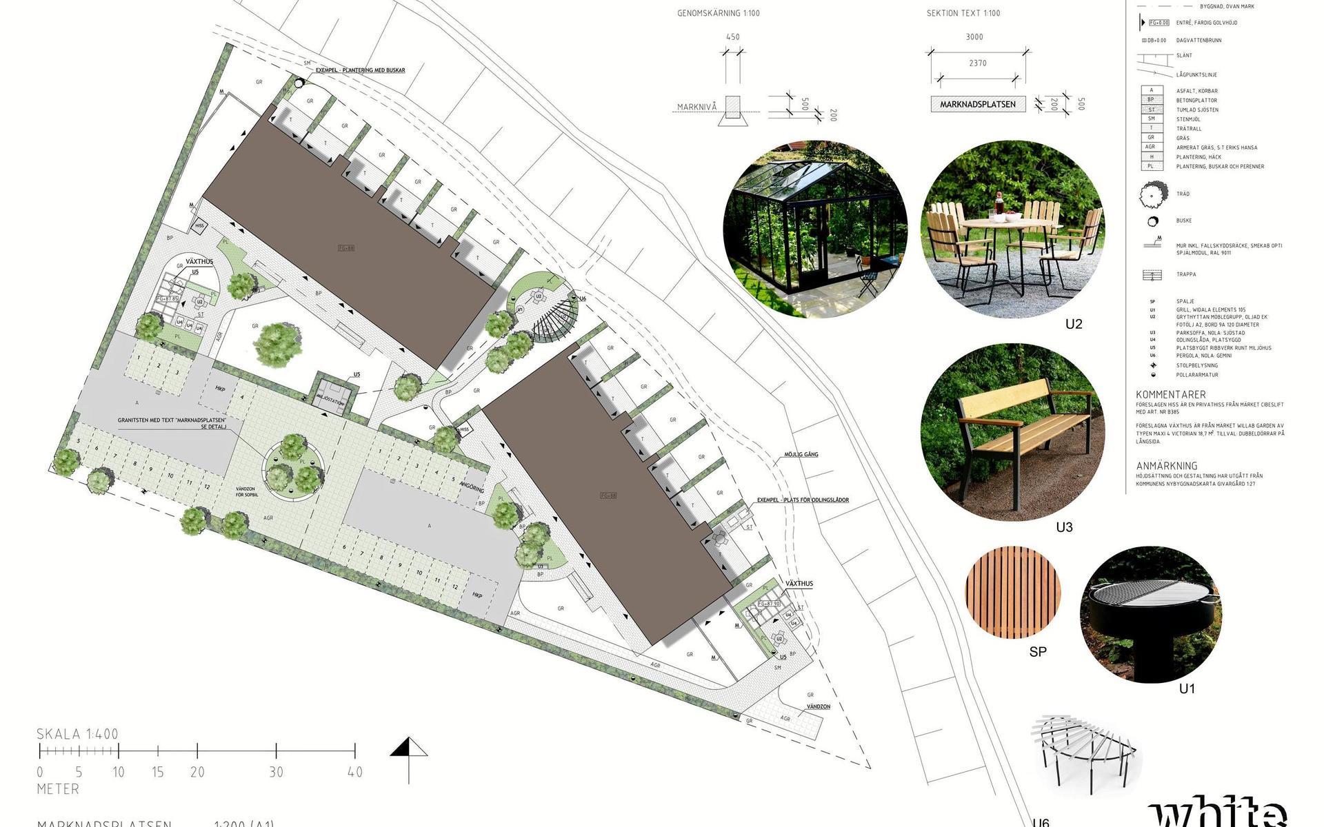 Situationsplan med en skiss på utemiljön för bostadsområdet Marknadsplatsen. Arkitektfirman White har designat utemiljön med grillplats mellan de två huskropparna, miljöstation och grönytor.