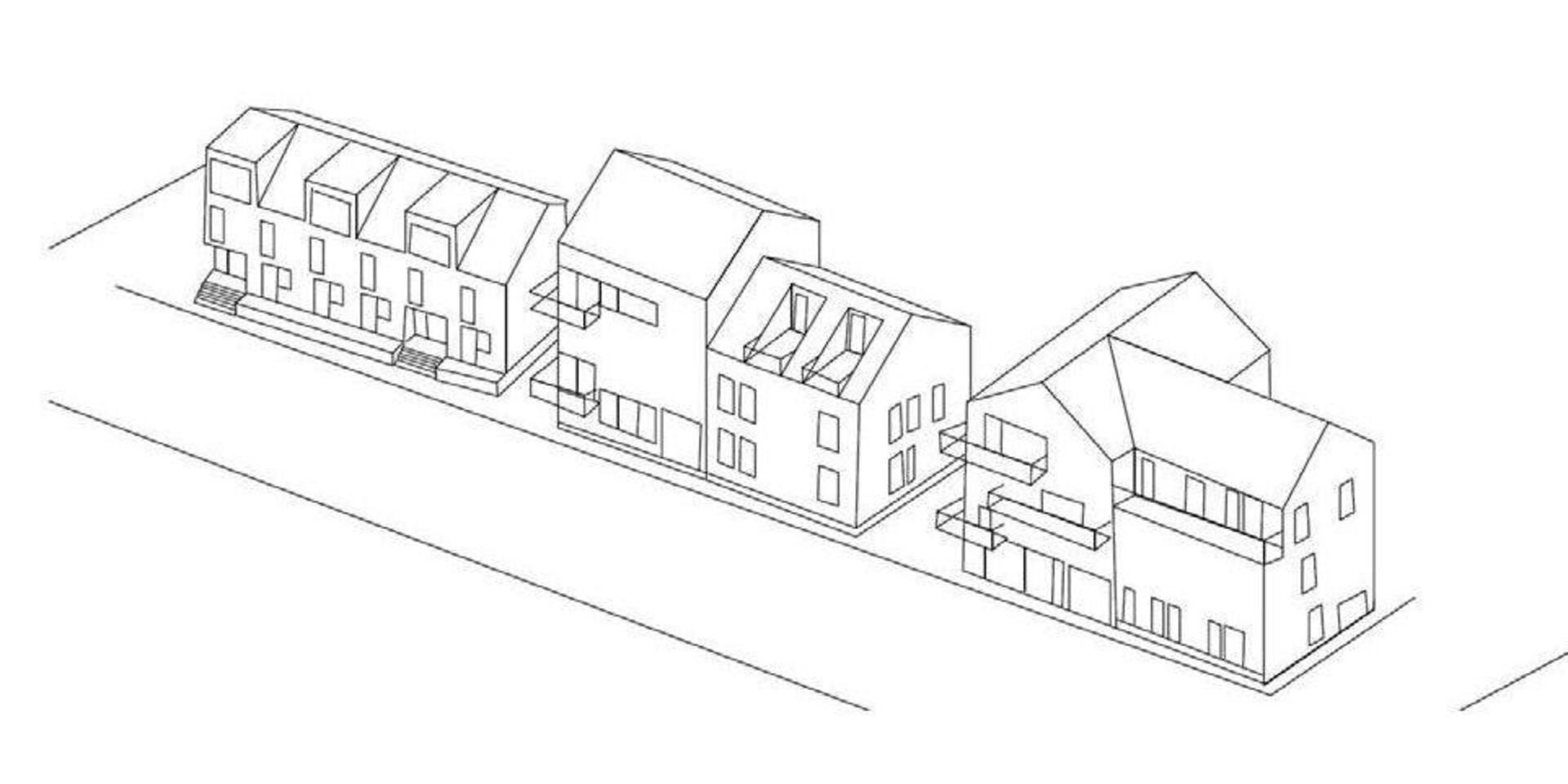 Kommunens exempelskiss visar hur den nya bebyggelsen skulle kunna utformas utmed den planerade förlängningen av Sibyllavägen.