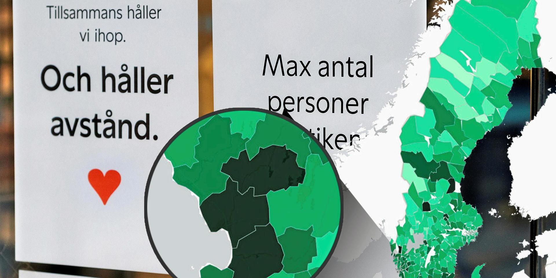 Bilden av smittläget i Sverige under årets första vecka visar att södra Halland nu hör till de delar av landet som har högst smittspridning. Ju mörkare färg på kartan, ju större andel smittade. Vecka 1 var både Hylte och Halmstad bland de tio mest drabbade kommunerna i landet.