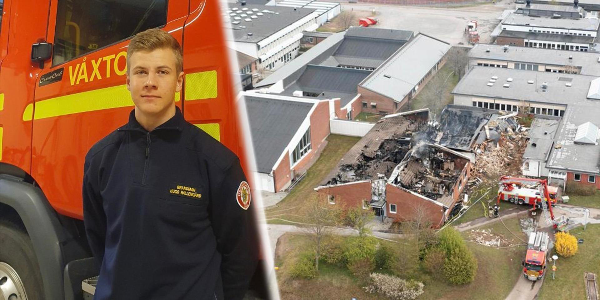 Hugo Hallengård är både brandman och elev på Osbecksgymnasiet. I söndags deltog han i arbetet med att släcka branden på hans egen skola.