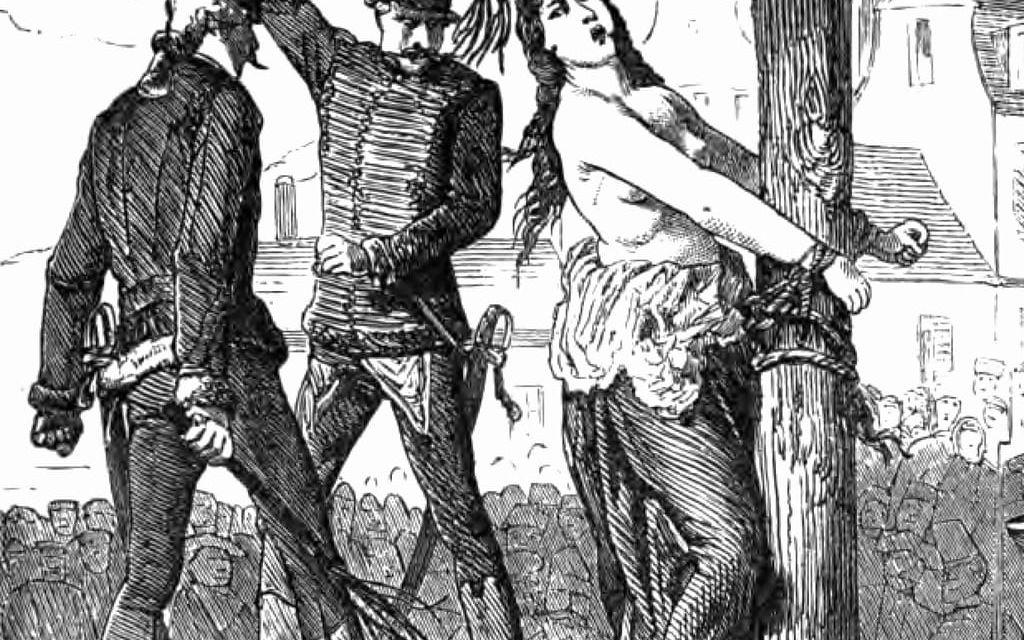Brutalt. Bilden på kvinnan som kåkstrykes kommer från boken Dunkle Geschichten aus Oesterreich av R. Von Waldheim (1868).