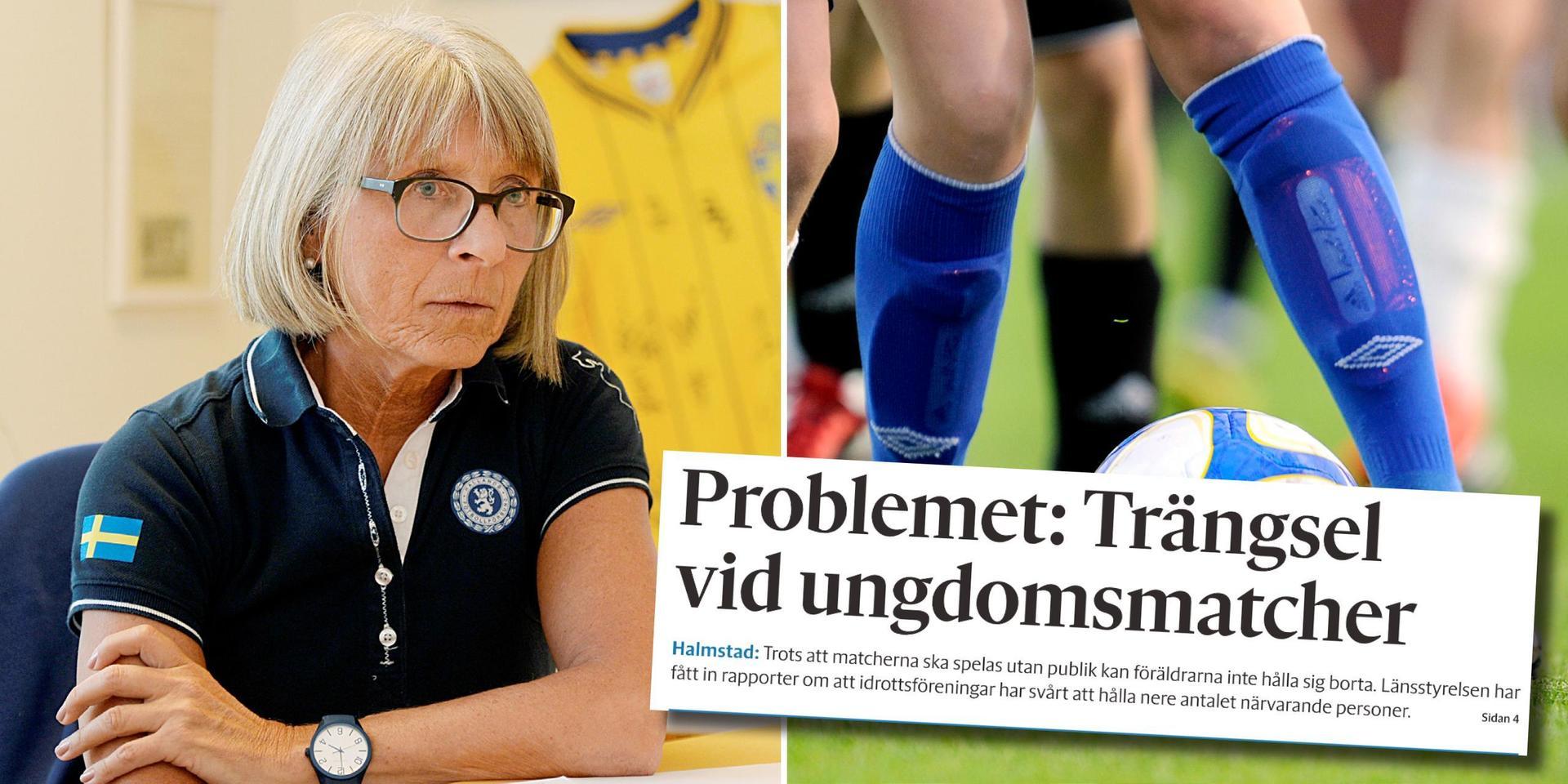 Hallands Fotbollförbunds ordförande Cristel Brorsson befarar nya restriktioner om reglerna om publikfria matcher och träningar inte följs. Faksimilen är ur Hallandsposten i måndags.