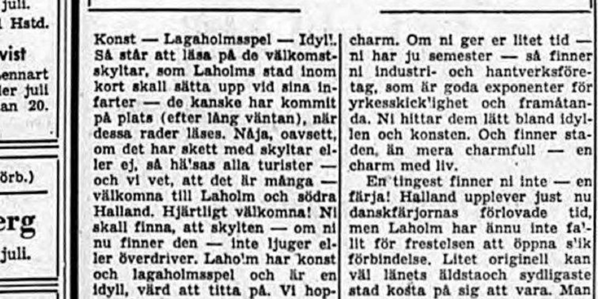 Hallandsposten 30 juni 1960. Texten skvallrar om att Laholms stad just då stod i begrepp att sätta upp de välkomnande skyltarna.