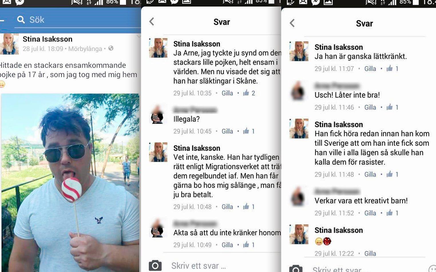 I Stina Isaksson FB-inlägg där hon raljerar över ensamkommande flyktingbarn agerar hennes make Marin Isaksson fotomodell.