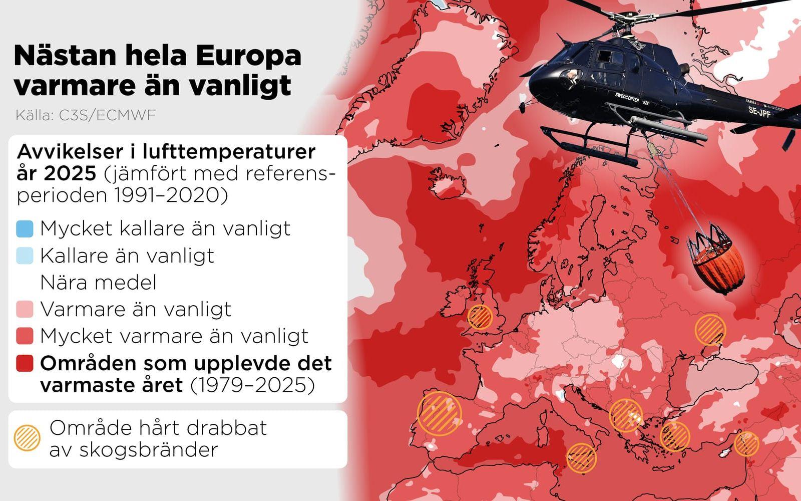 Avvikelser i lufttemperaturer år 2025 jämfört med referensperioden 1991–2020 samt områden som upplevde det varmaste året under perioden 1979–2025.