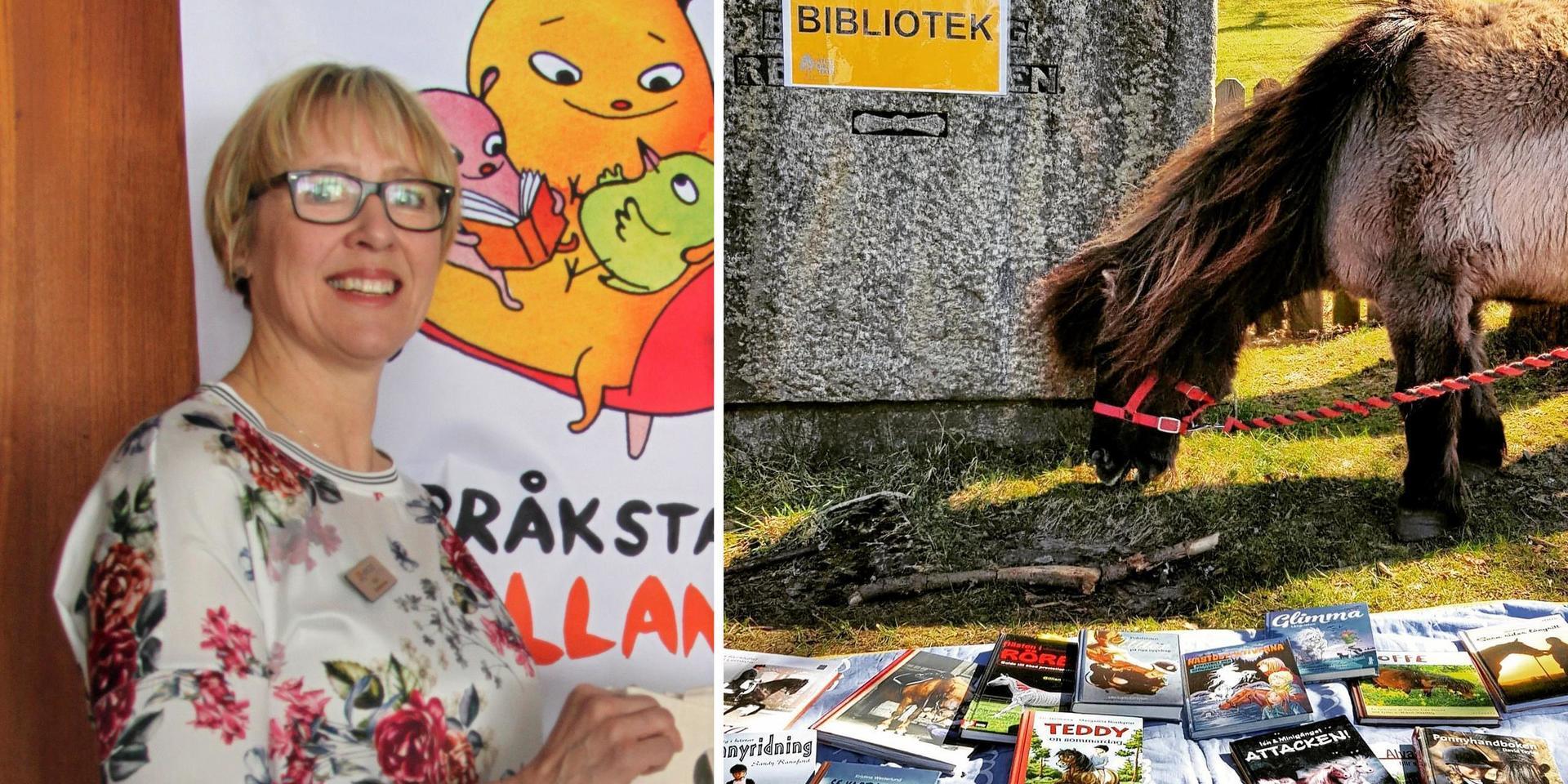 Hyltebibliotekens språkstartare Åsa Engberg har drivit pop up-biblioteket för barn tillsammans med litteraturpedagogen Sanna Svensson. Idén går ut på att kombinera boklån och gos med ponnyhästar. Det är också en social aktivitet som går att genomföra i coronatider.