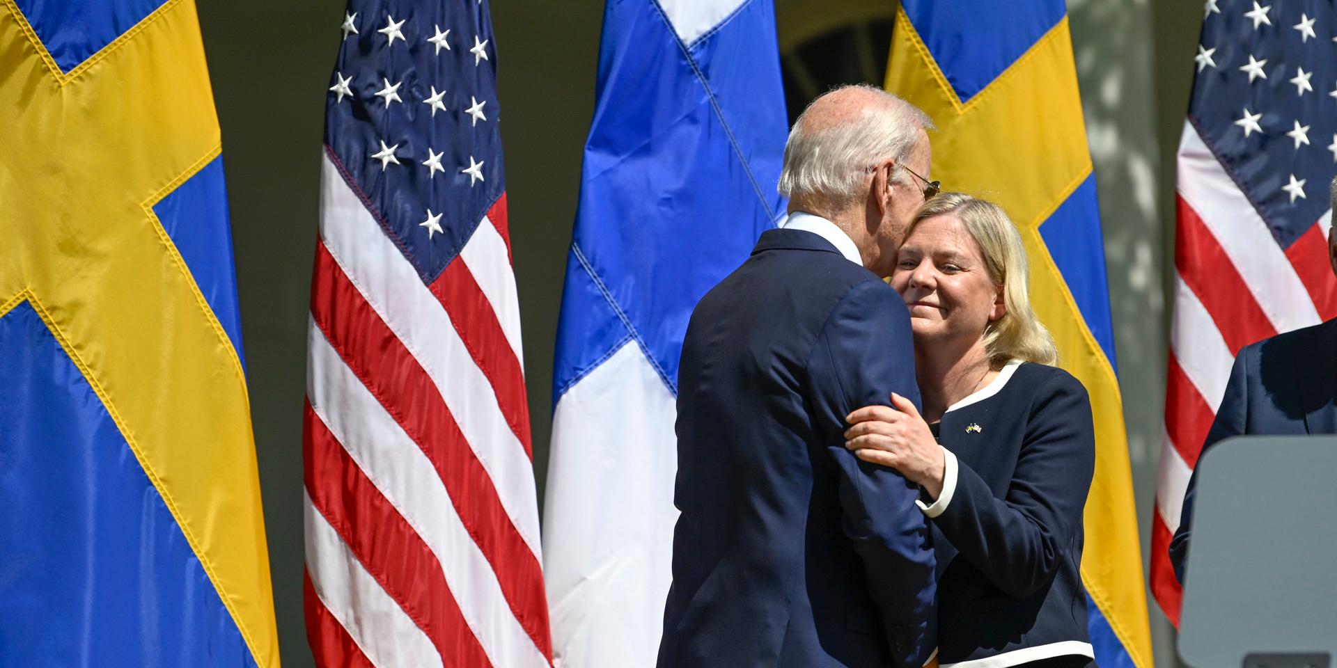 USA:s president Joe Biden och statsminister Magdalena Andersson vid presskonferensen efter mötet i Vita huset.