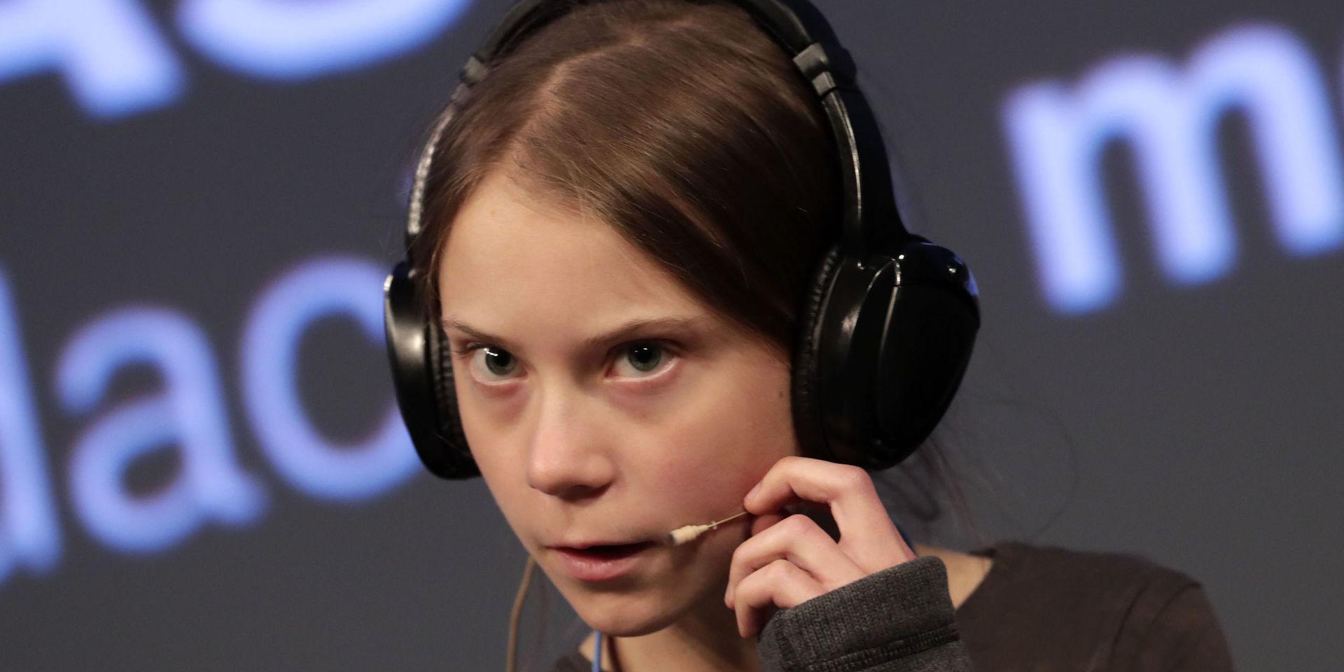 Greta Thunberg svarar på pressens frågor under COP 25-mötet i Madrid. 