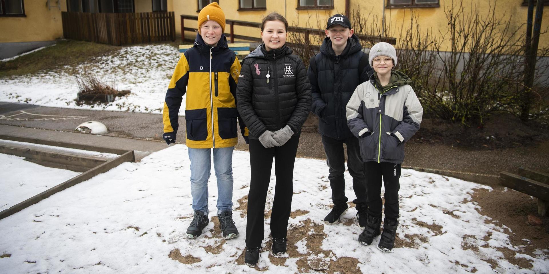 Conrad Abrahamsson, Ellen Olin, Alfred Andersson och William Bäckström som går i klass 5 på Lyngåkraskolan tycker att det vore kul med en fritidsgård i Harplinge.