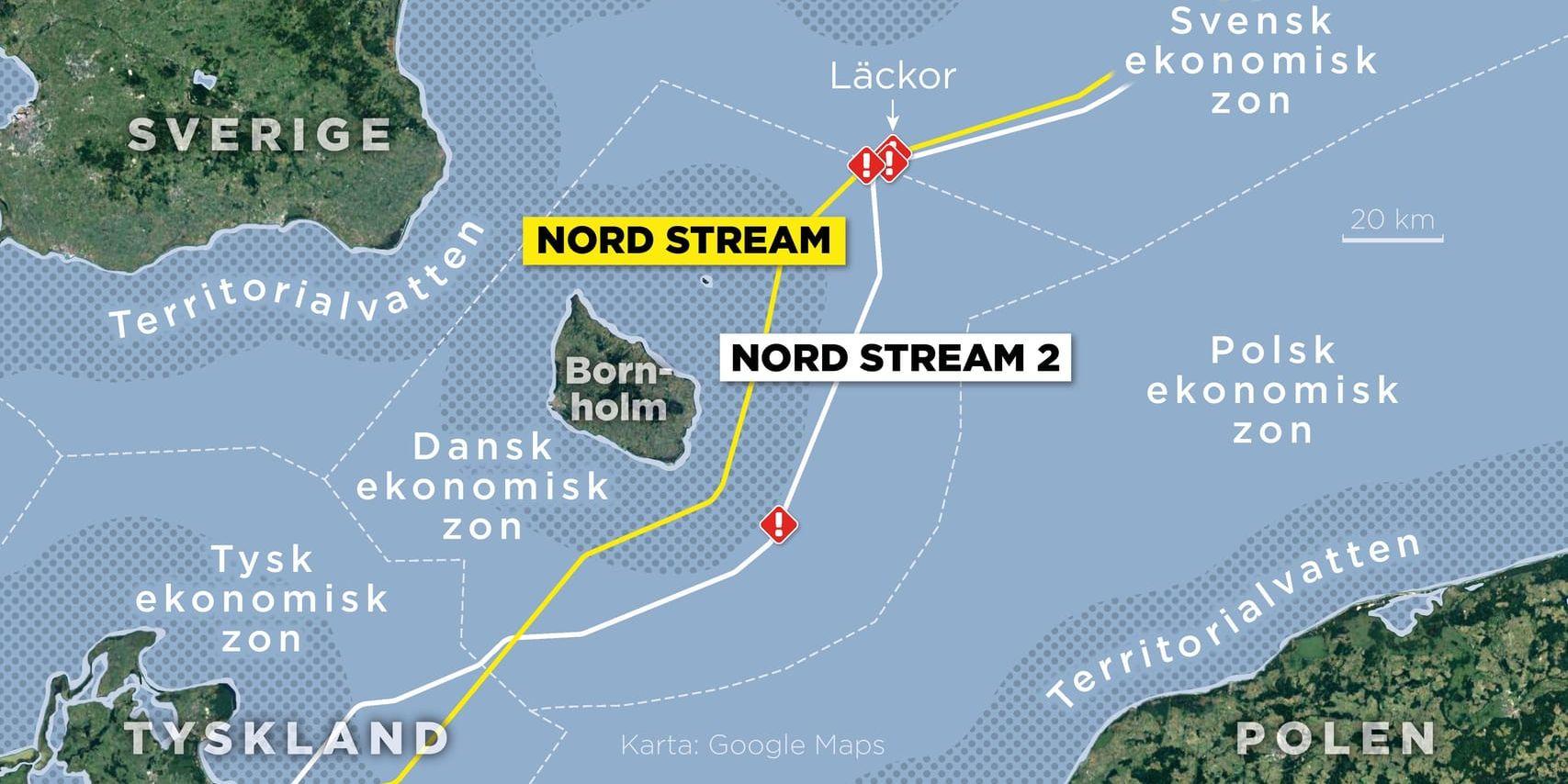 Kartan visar de fyra läckorna på gasledningarna Nord Stream och Nord Stream 2 samt ekonomiska zoner och territorialvatten.
