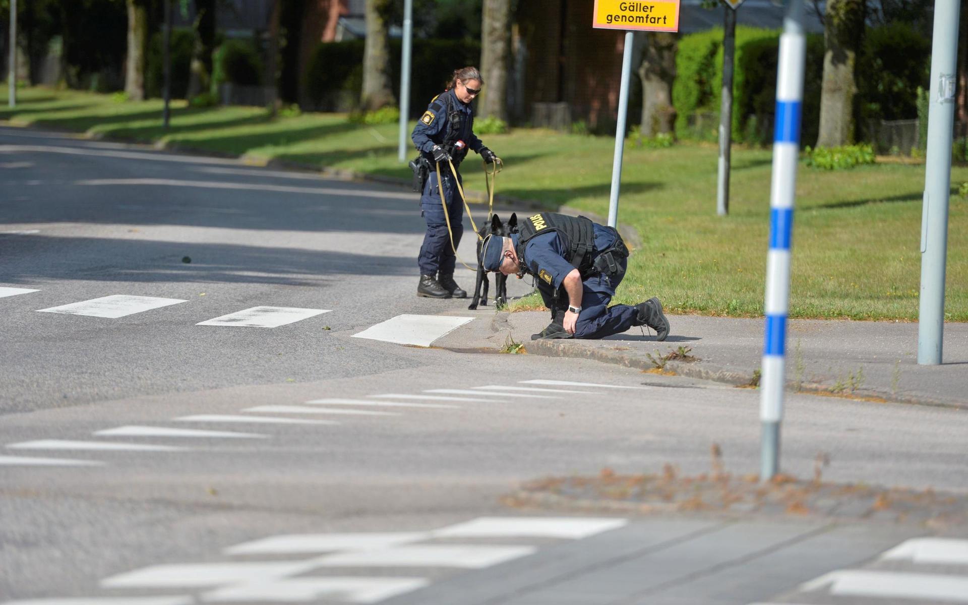 Med hjälp av en vapensökshund kunde polisen hitta och säkra spår efter skottlossningen i korsningen Carl Kuylenstjernas väg och Maratonvägen.