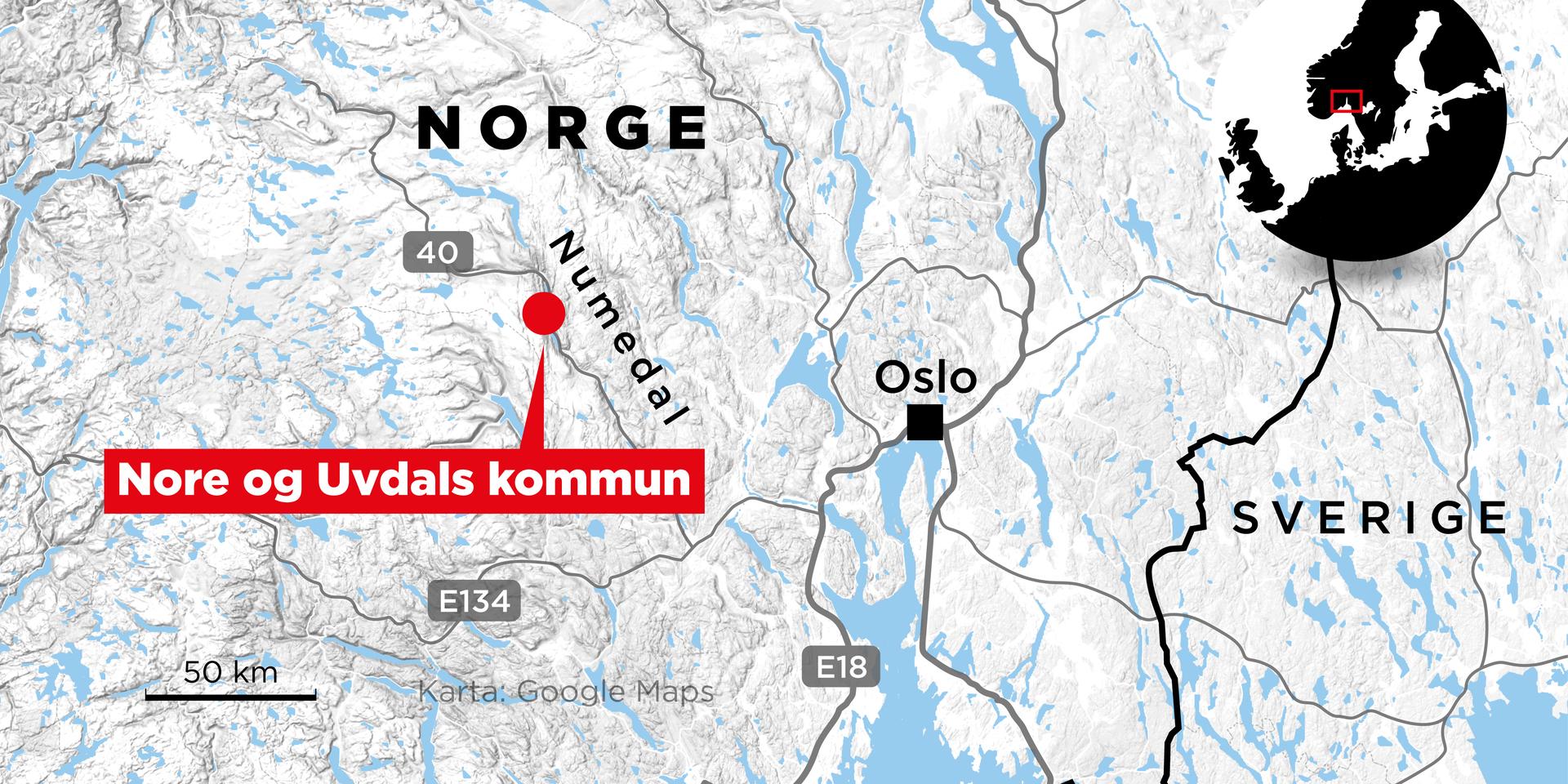 Kartan visar var Nore och Numedal ligger i Norge.