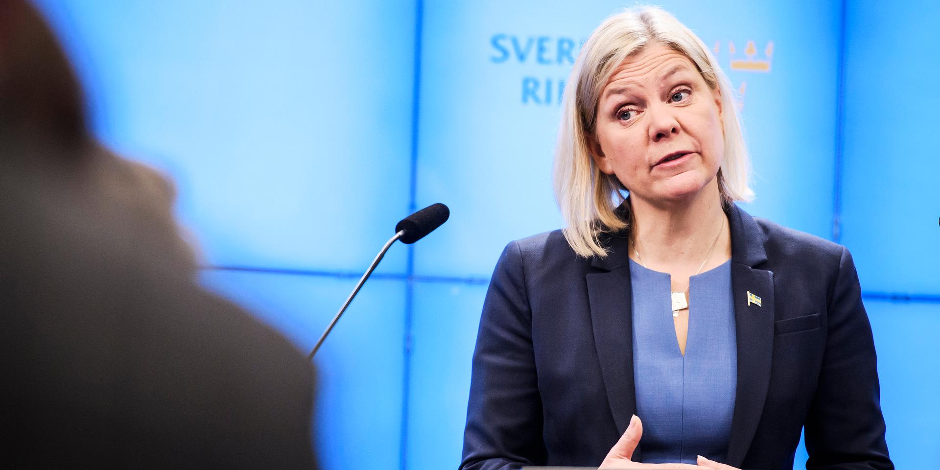 Statsminister Magdalena Andersson (S) efter onsdagens historiska omröstning i riksdagen. 