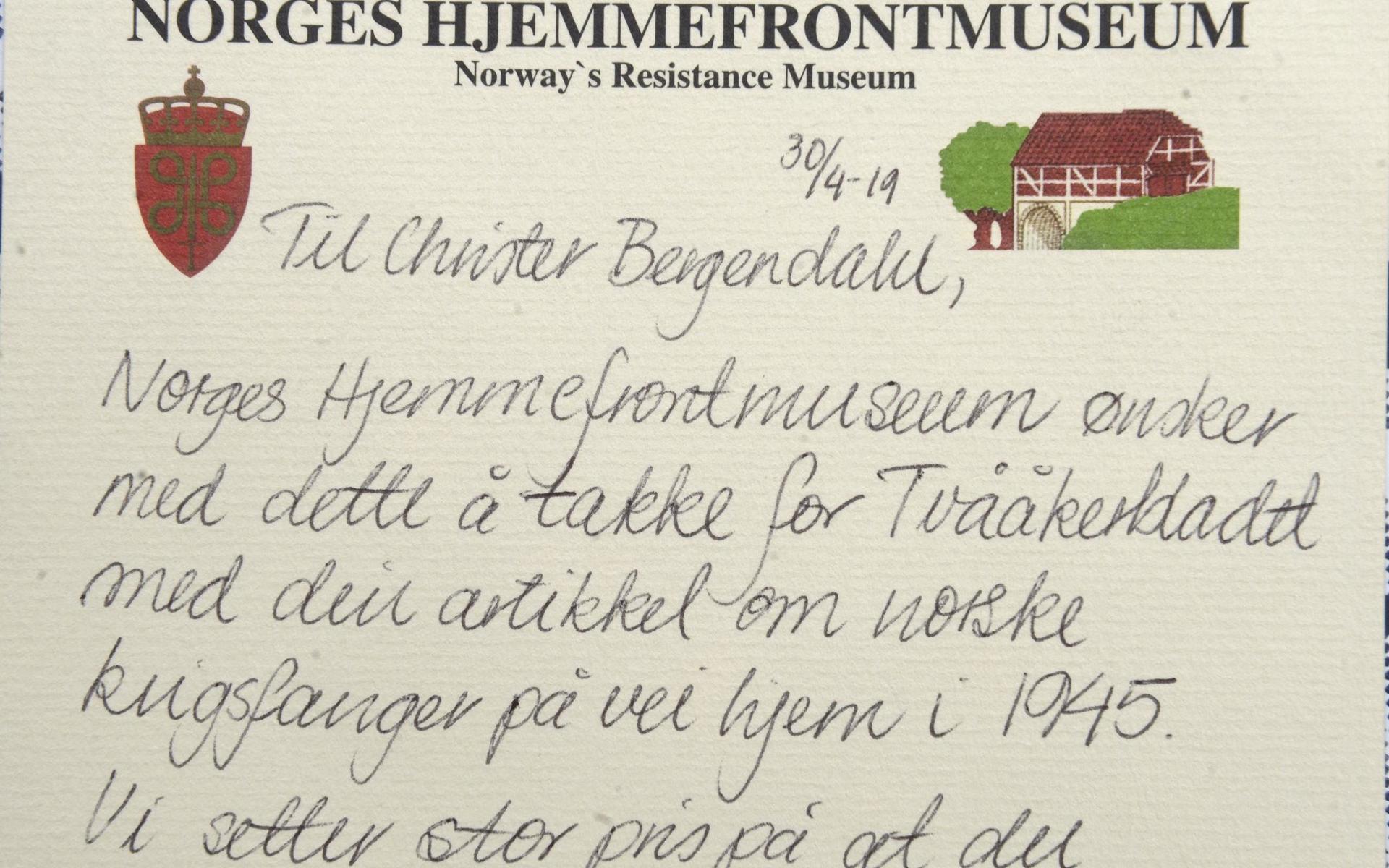 Norges Hjemmefrontmuseum skickade ett tackkort till Christer Bergendahl för hans arbete med artikeln i Tvååkersbladet.