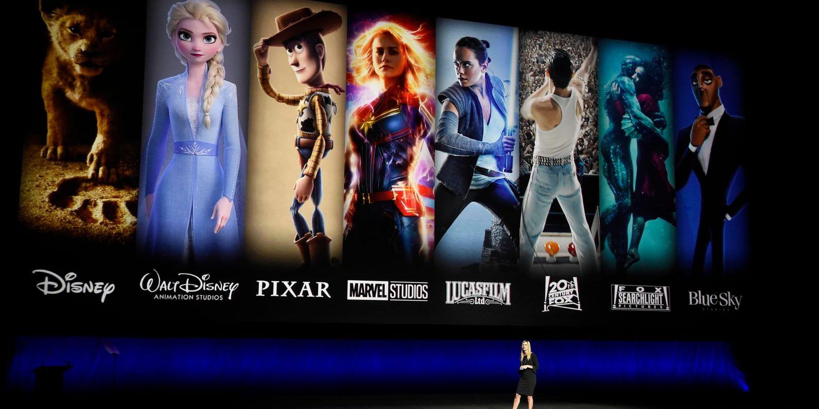 Några av de filmer och karaktärer som kommer finnas i strömningstjänsten Disney+. Bilden är från en presentation av Disneys och Fox nya gemensamma distribution tidigare i april.