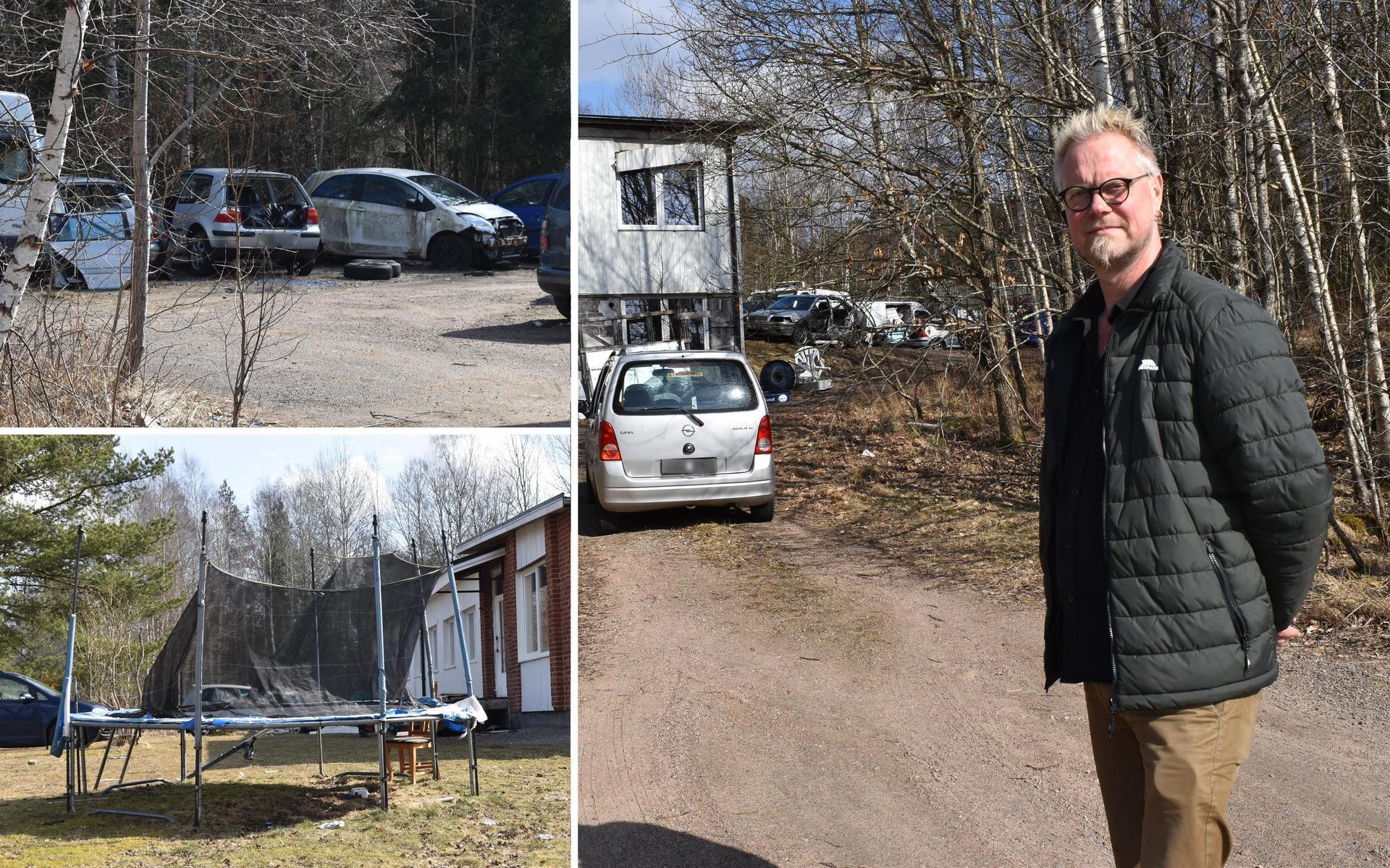 John Henriksen har själv ägt den gamla syfabrikstomten i Rydöbruk och förfäras över hur det ser ut i dag. Längre in på tomten står utdömda bilar, fyllda sopsäckar och diverse skrot.