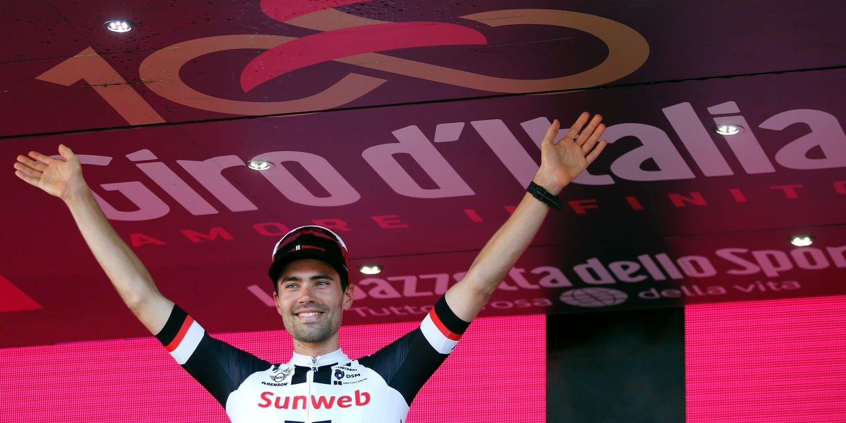 Tom Dumoulin, Nederländerna, jublar efter att ha säkrat segern i årets Giro d'Italia. Nästa år avgörs storloppets tre första etapper i Israel. Arkivbild.
